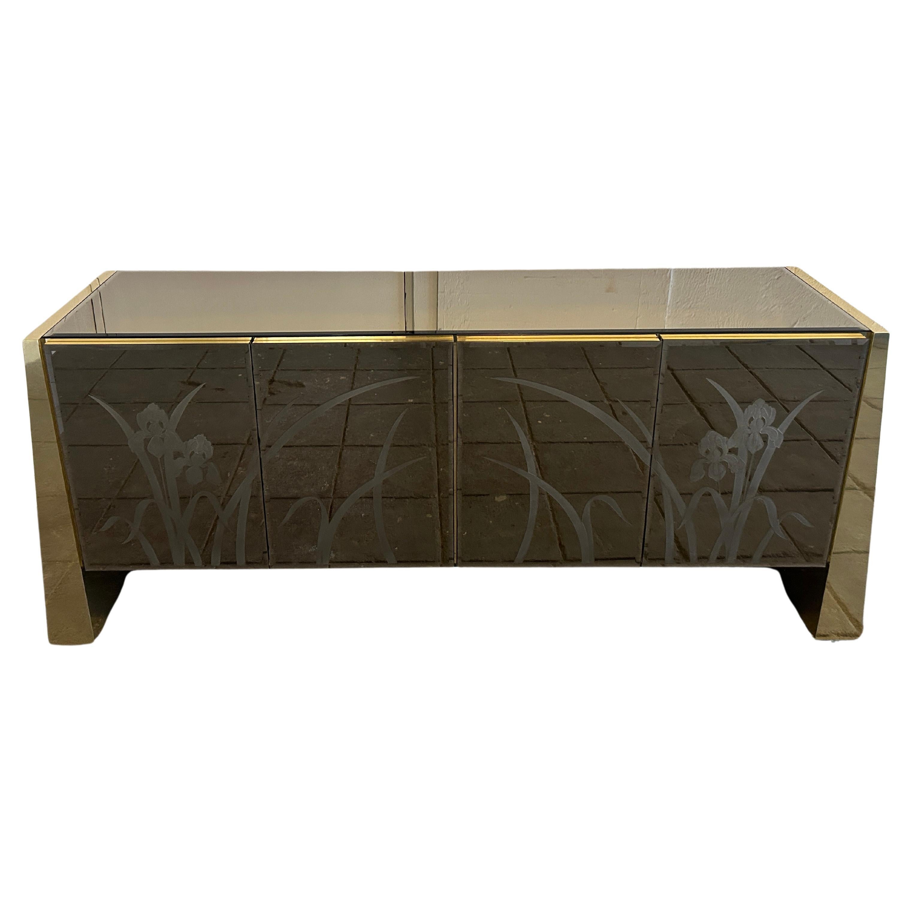 Post Modern Floral smoked mirror glass 4 door credenza with mirror brass  For Sale