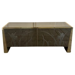 Post Modern Floral smoked mirror glass 4 door credenza with mirror brass 