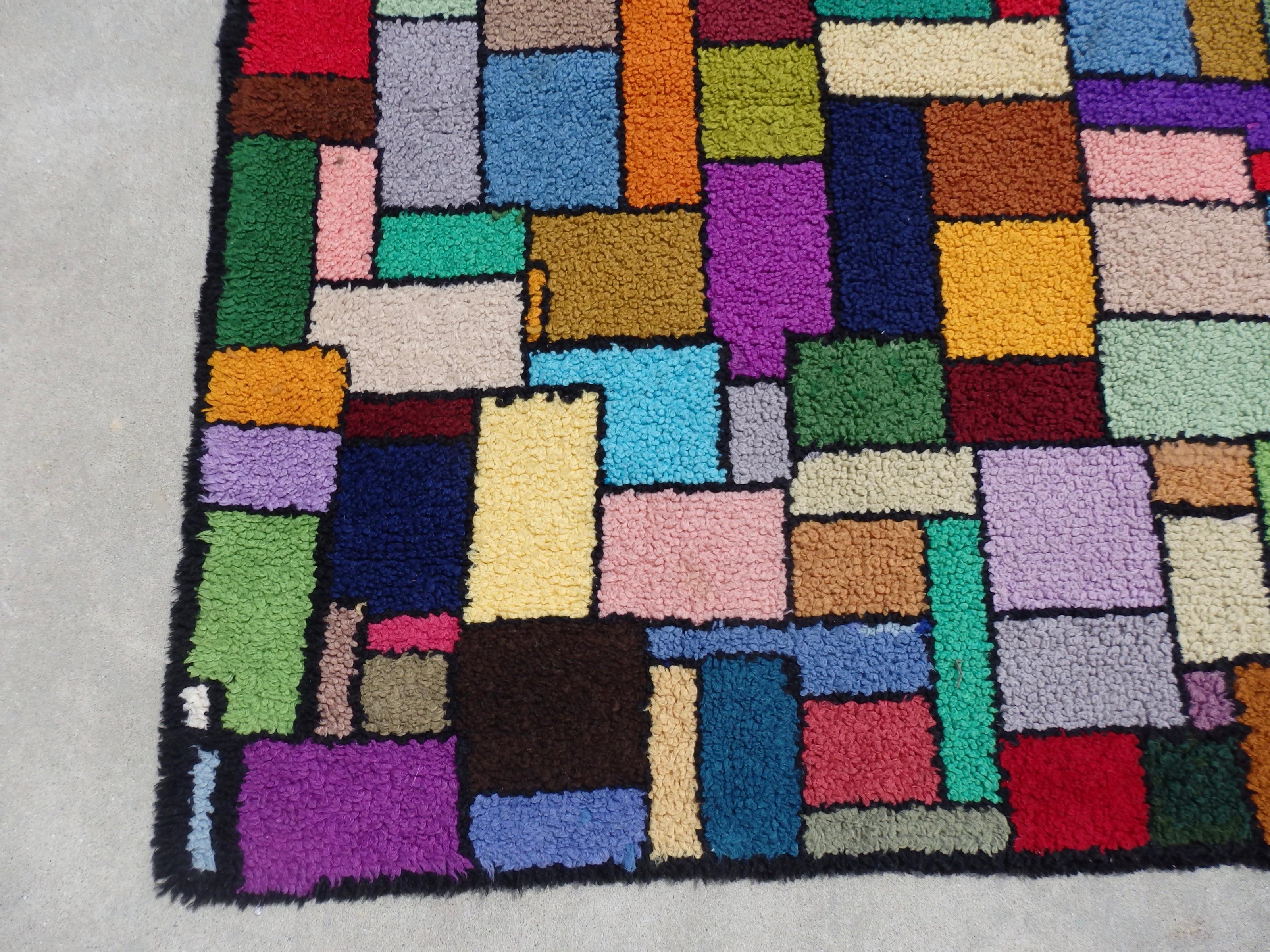 Post-Modern Vibrant Geometric Post Modern Mondrian themed Folk Art Hook Rug