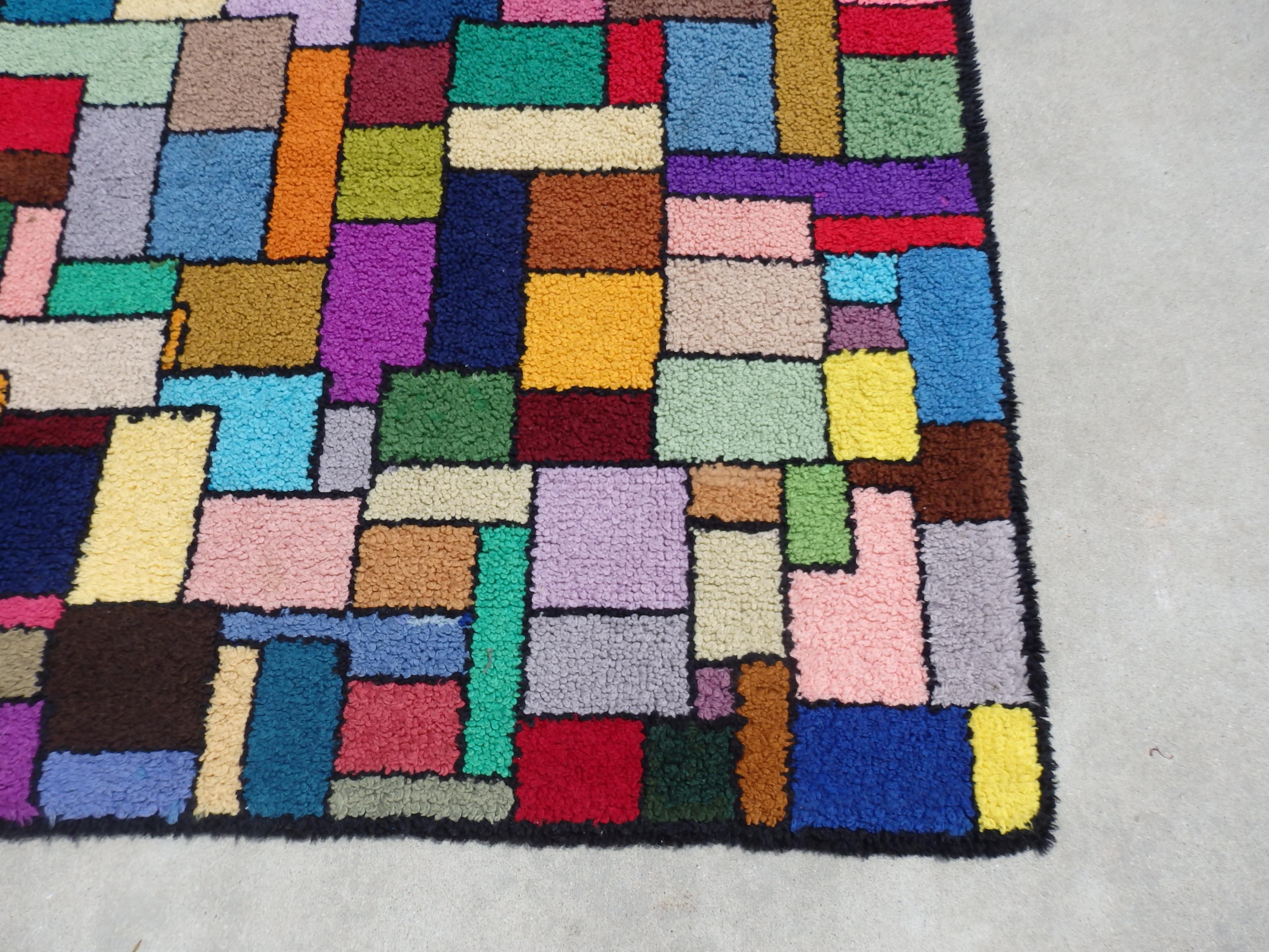 American Vibrant Geometric Post Modern Mondrian themed Folk Art Hook Rug