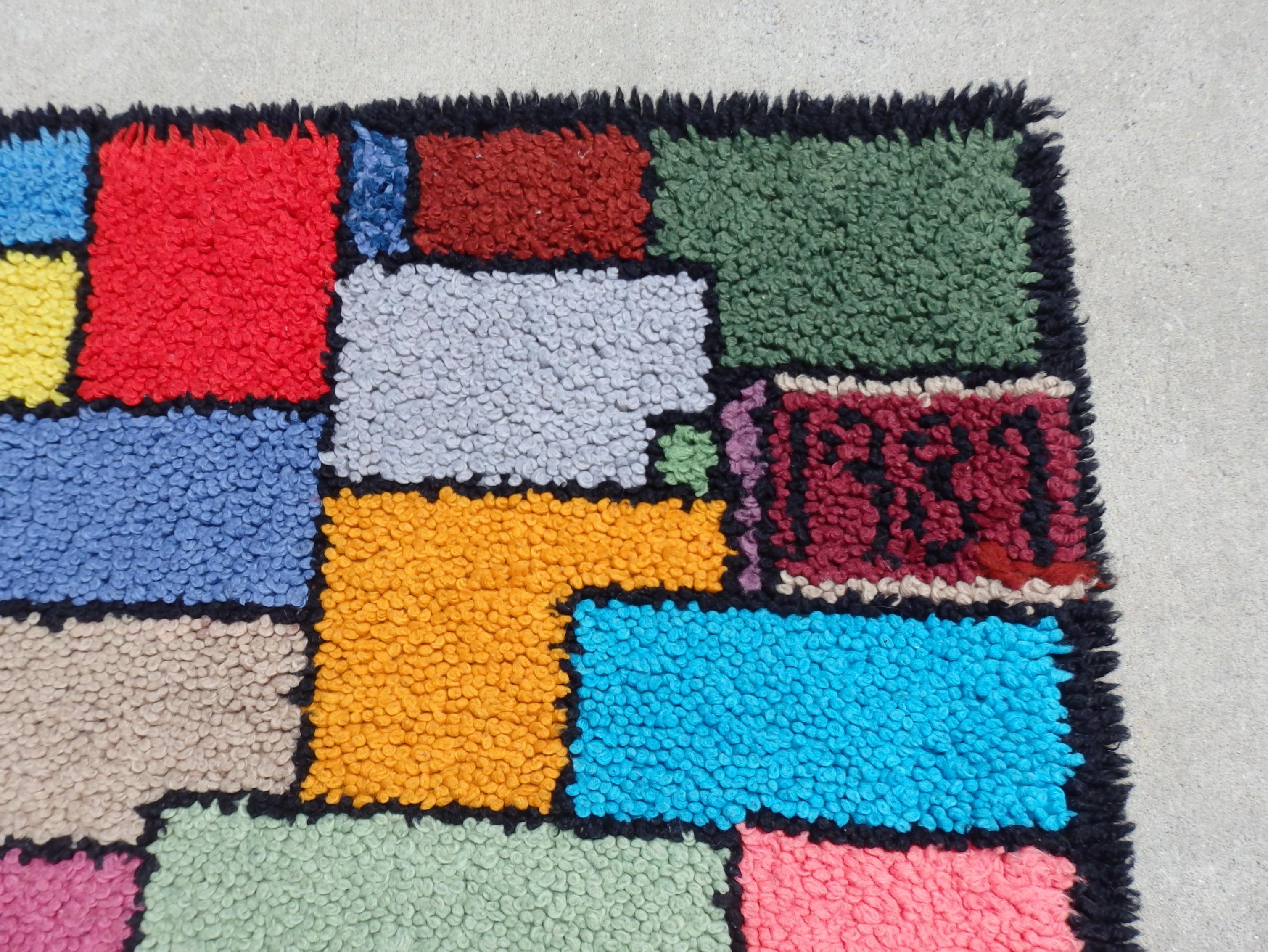 20th Century Vibrant Geometric Post Modern Mondrian themed Folk Art Hook Rug