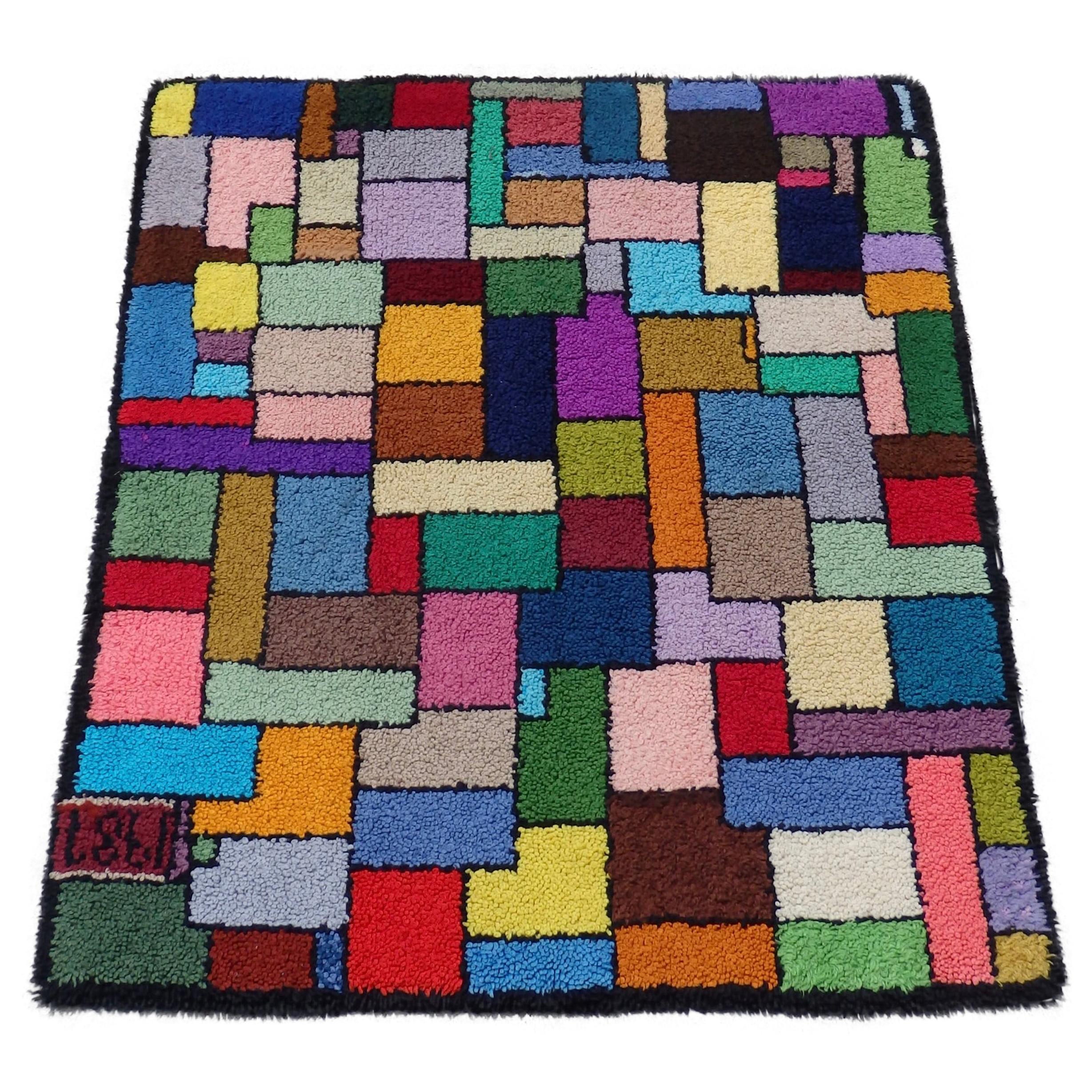 Vibrant Geometric Post Modern Mondrian themed Folk Art Hook Rug