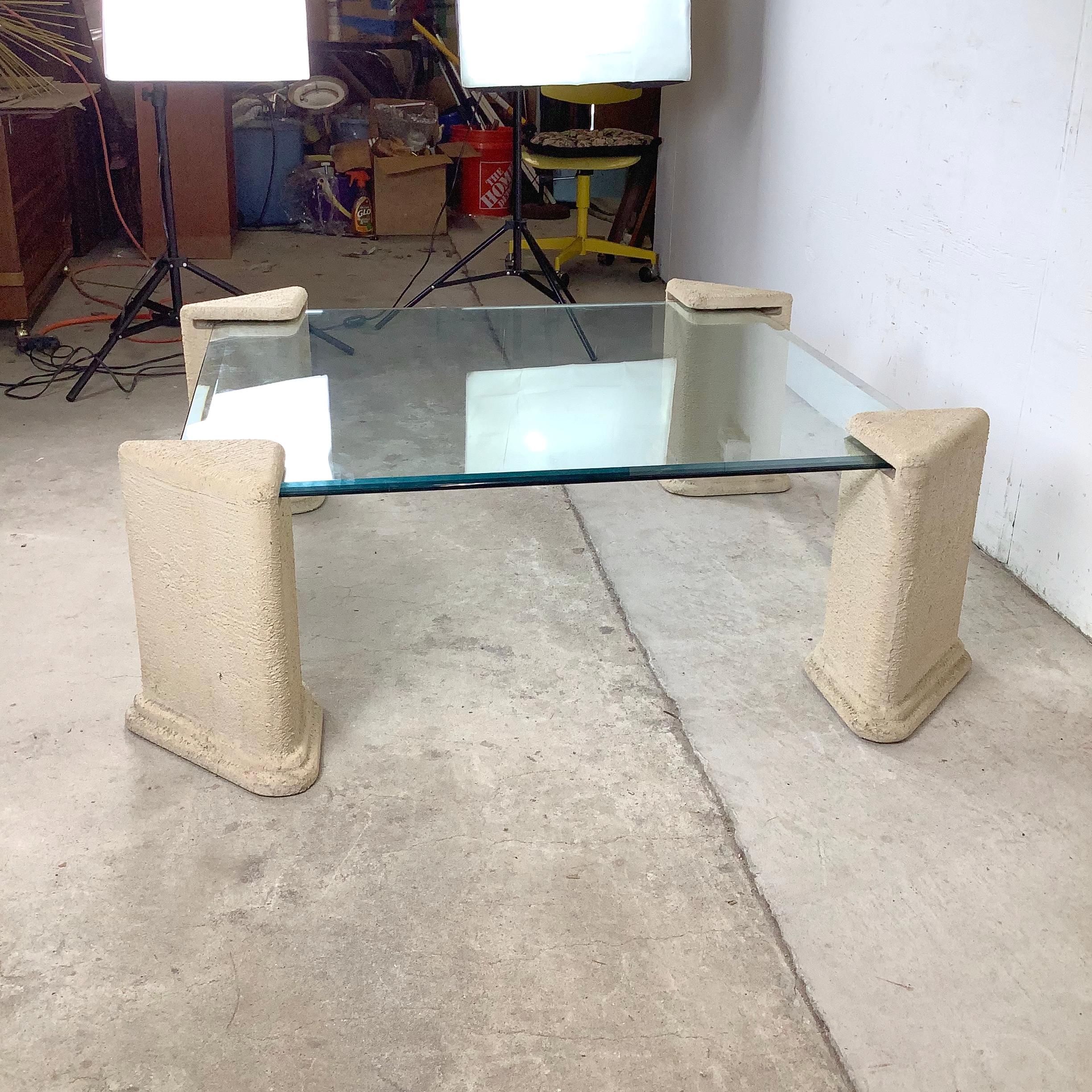 Post-Modern Four Post Glass Top Coffee Table In Fair Condition For Sale In Trenton, NJ
