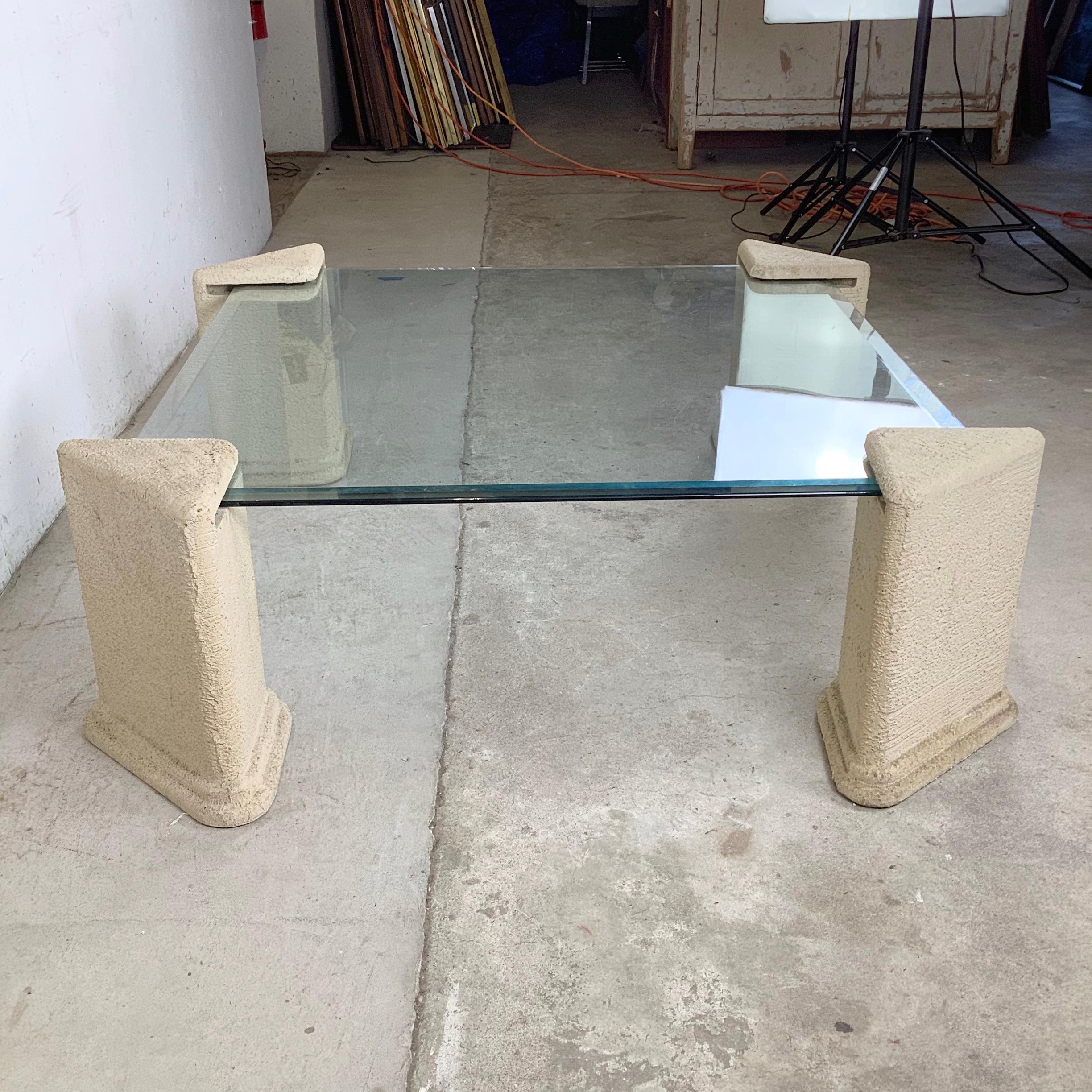 20th Century Post-Modern Four Post Glass Top Coffee Table For Sale