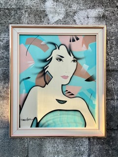 Post Modern Framed Oil Painting in the Patrick Nagel Style. Circa 1980s