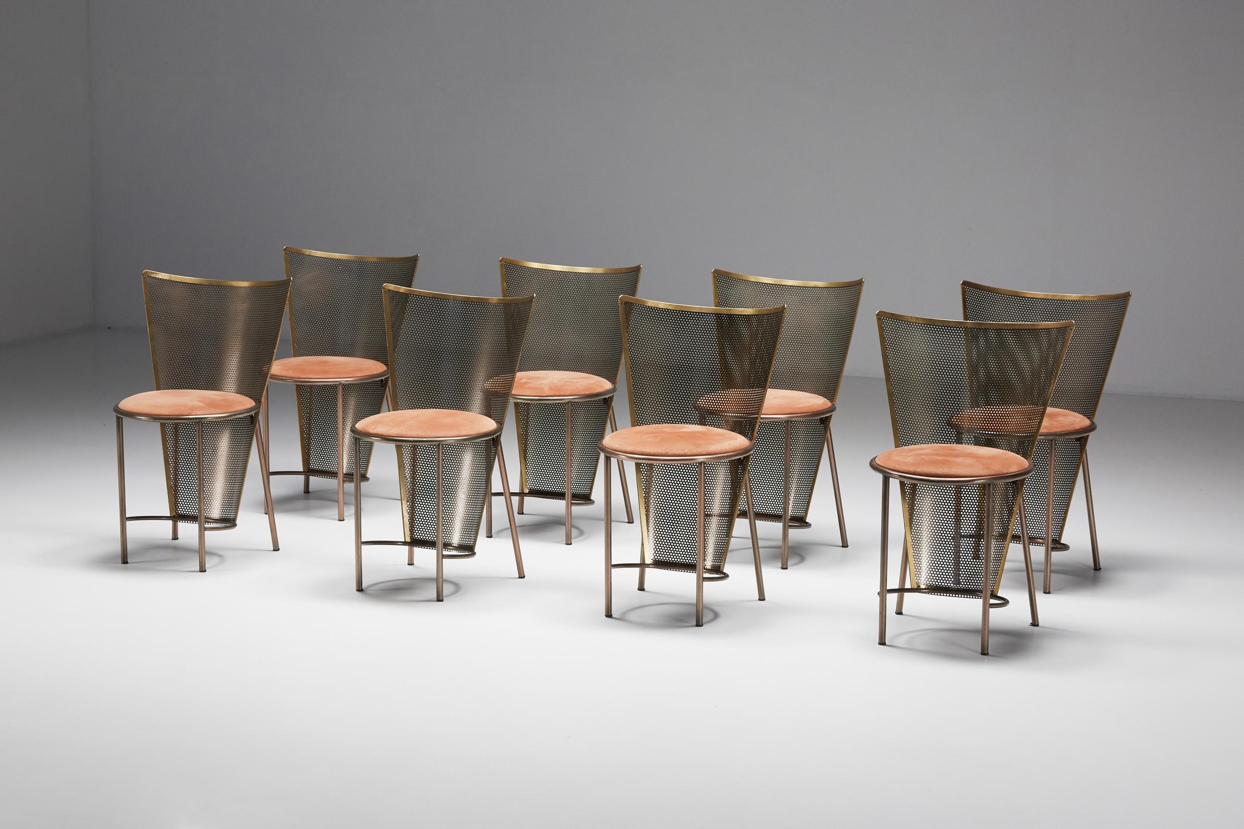 Manufactured by BelgoChrom, designed by Frans Van Praet.
Extremely rare set of 12 chairs exhibited at the Belgian Pavillion in the Sevilla '92 world expo.
Bronze patinated metal, brass, perforated brass back support, and coral velvet