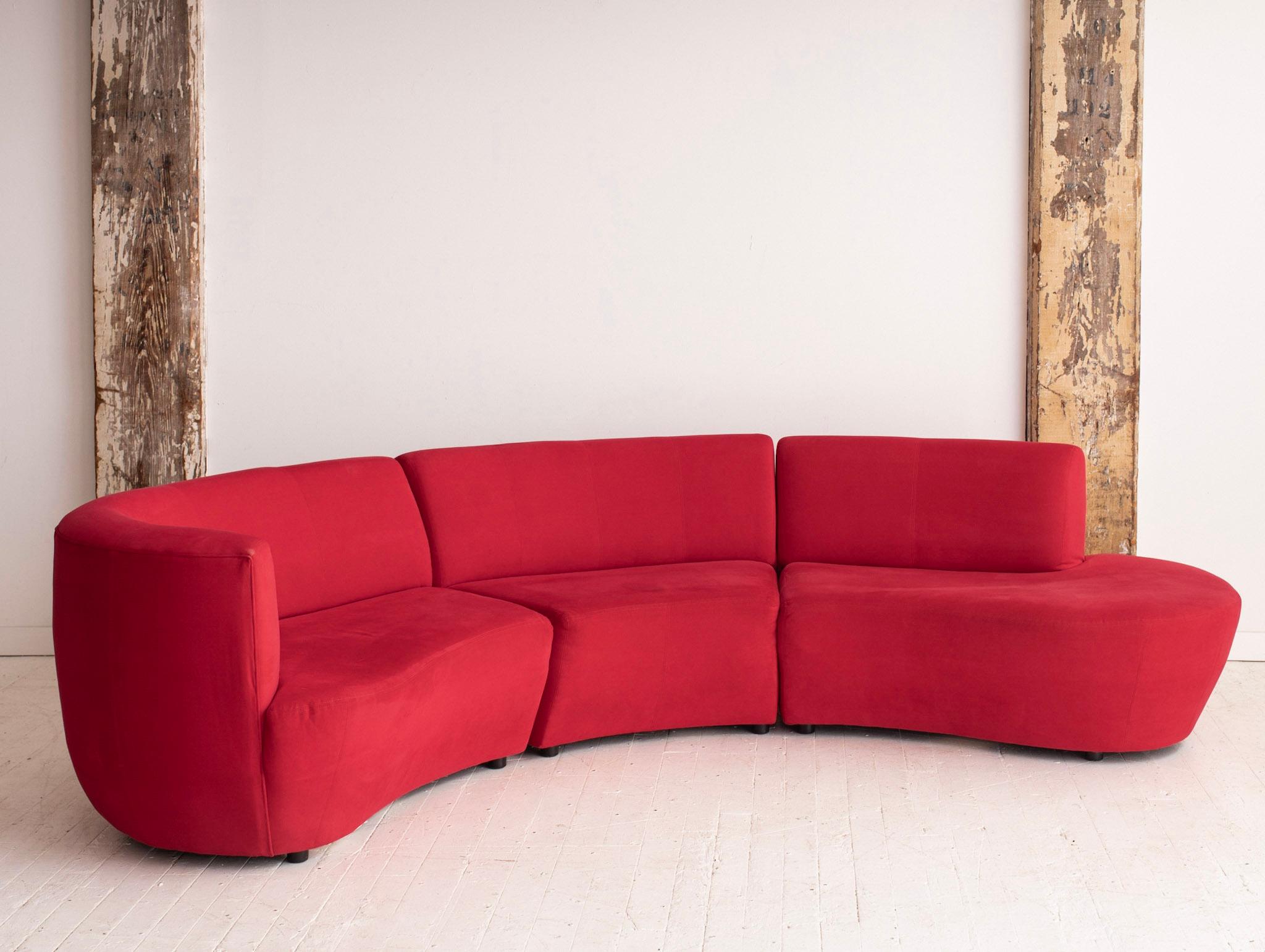 Three piece sectional in red ultra suede. Freeform curved kidney or 