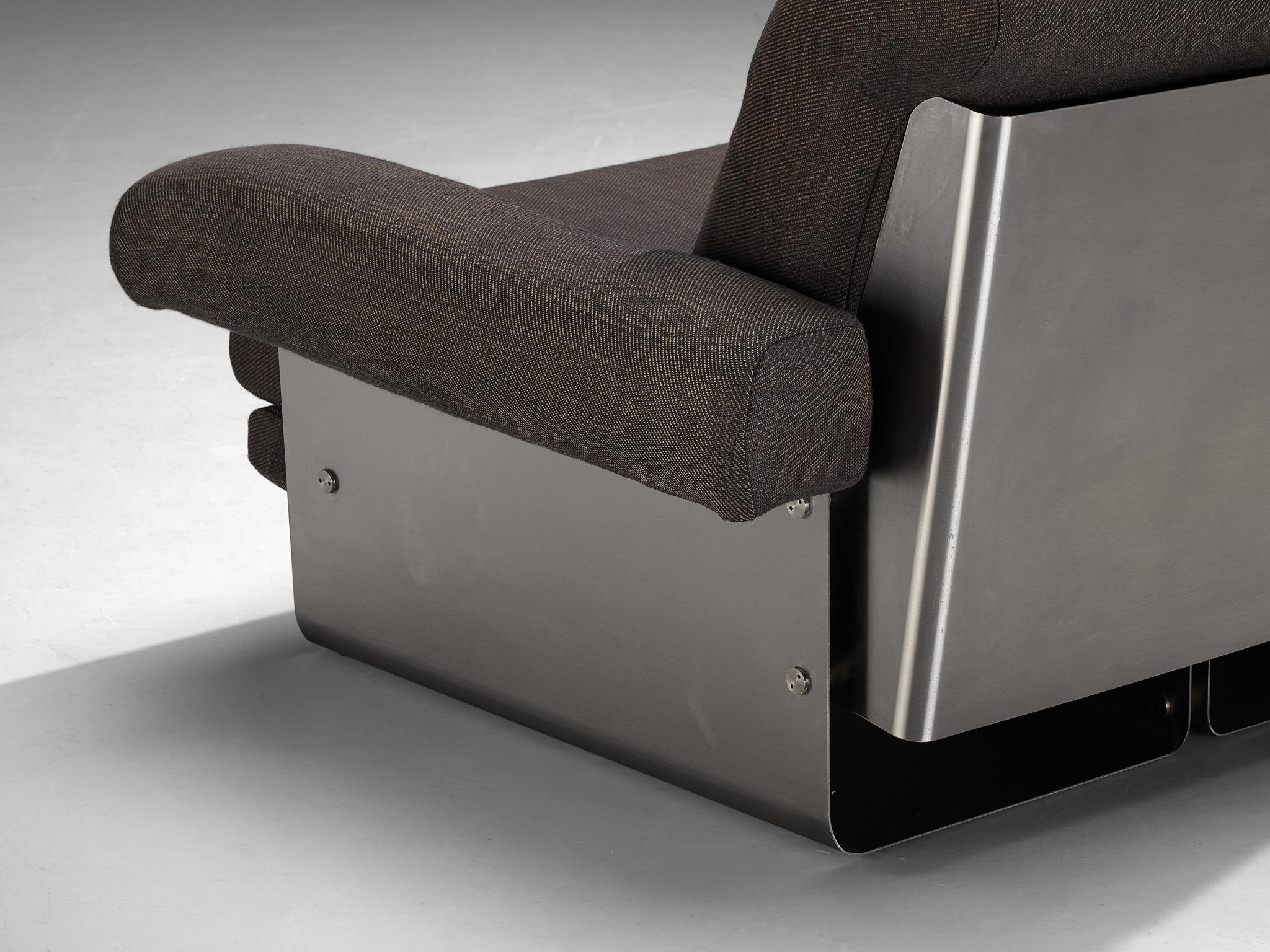 Post-Modern French Pair of Lounge Chairs in Brushed Steel & Grey Upholstery For Sale 6