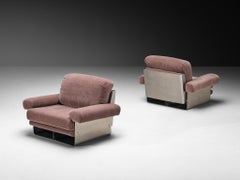 Post-Modern French Pair of Lounge Chairs in Brushed Steel & Grey Upholstery