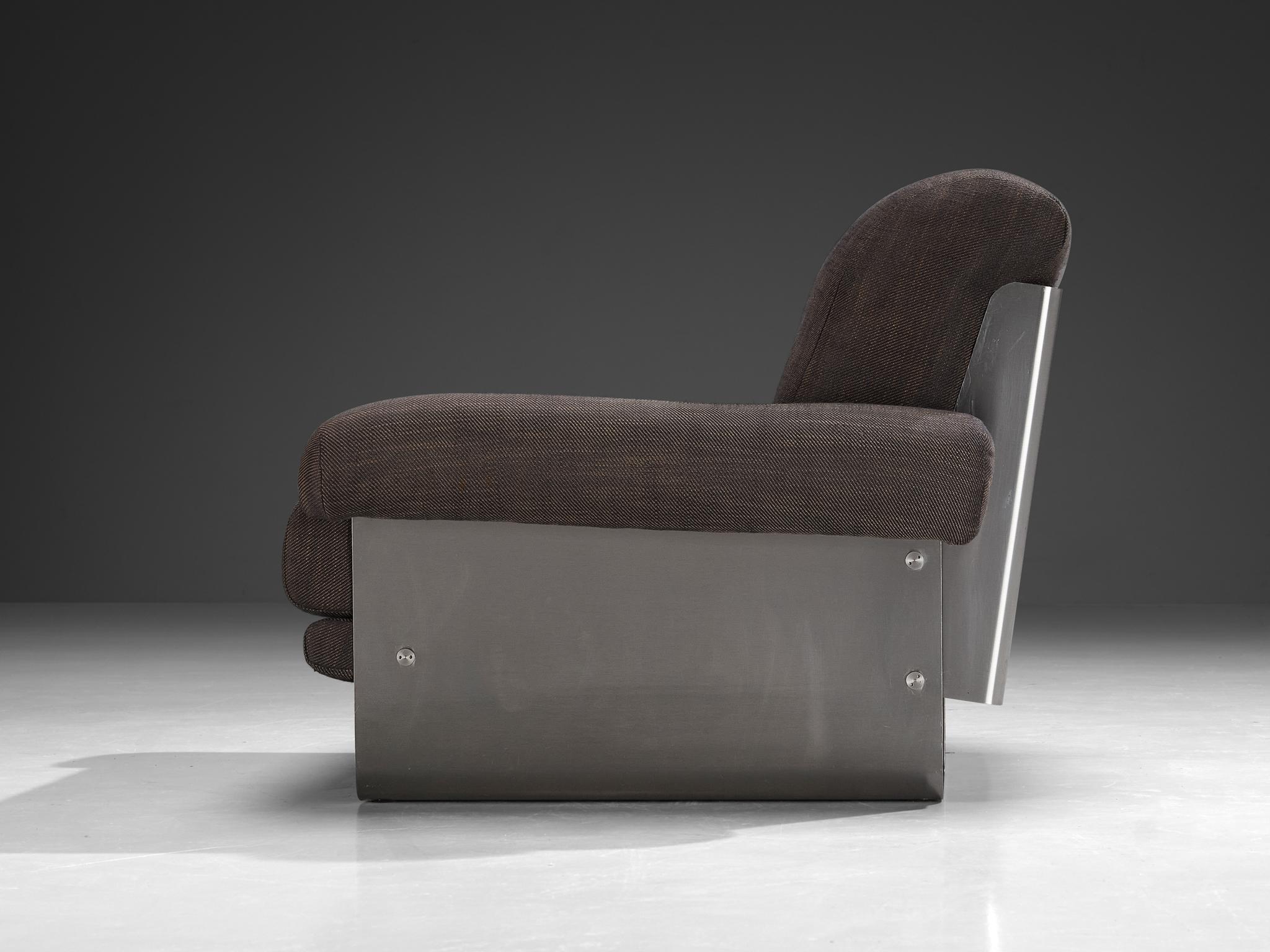 Post-Modern French Pair of Lounge Chairs in Brushed Steel & Grey Upholstery For Sale 3