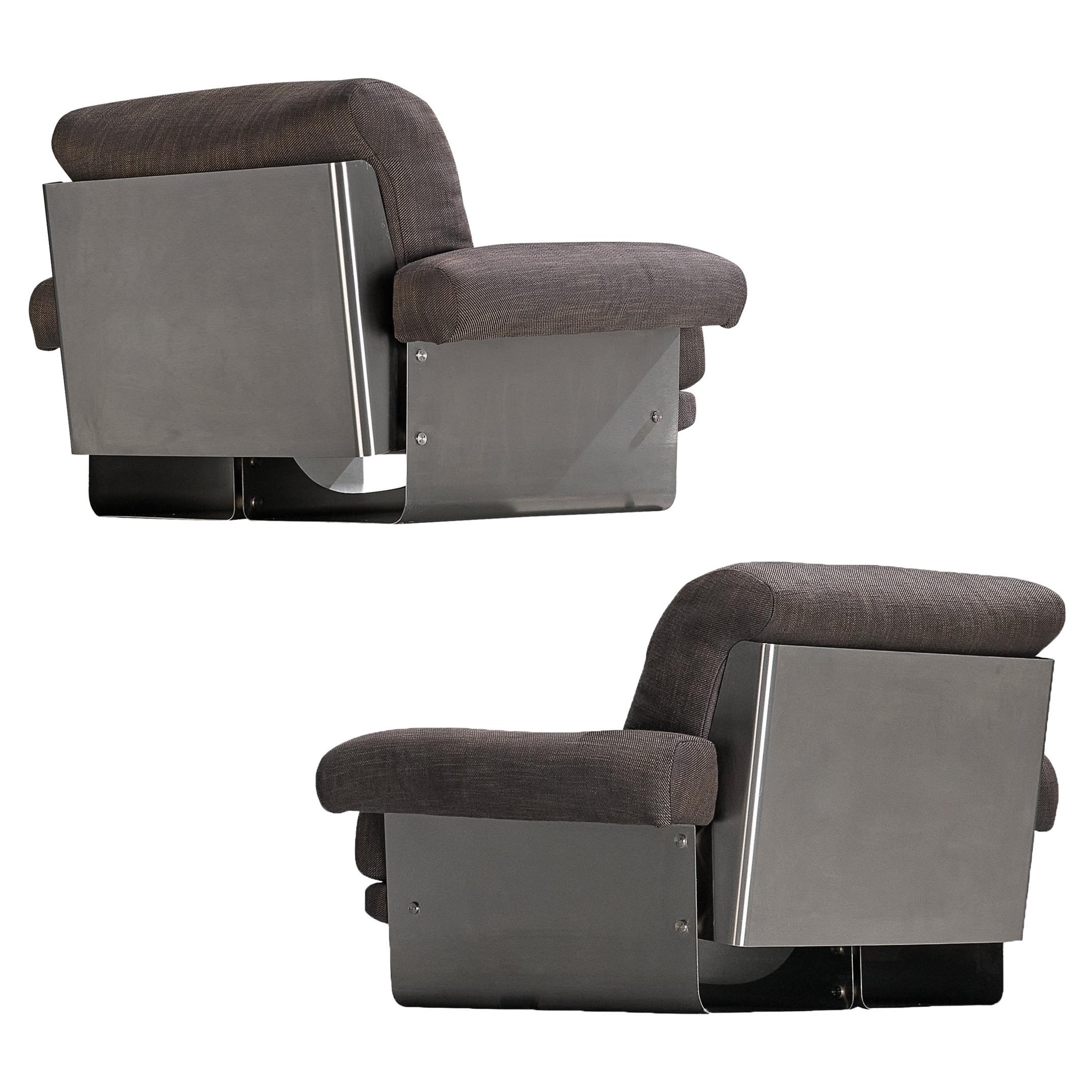 Post-Modern French Pair of Lounge Chairs in Brushed Steel & Grey Upholstery For Sale