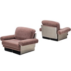 Post-Modern French Pair of Lounge Chairs in Brushed Steel & Grey Upholstery