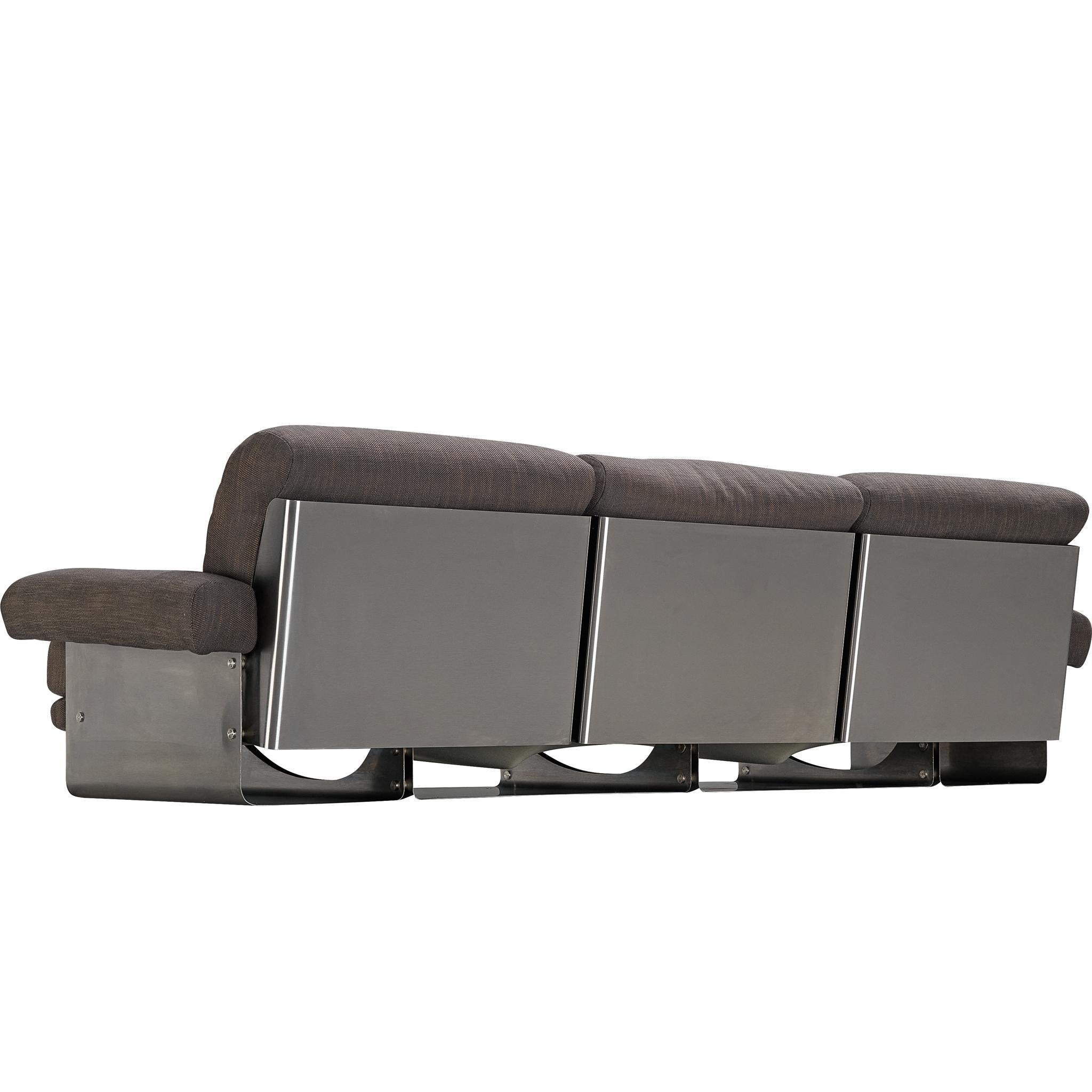 Post-Modern French Three-Seat Sofa in Brushed Steel & Grey Upholstery 1970s