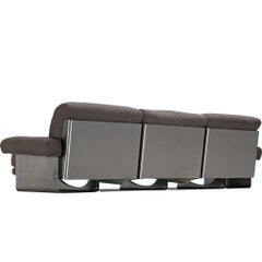Vintage Post-Modern French Three-Seat Sofa in Brushed Steel & Grey Upholstery 1970s