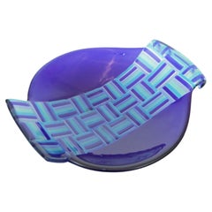 Vintage Postmodern Blue Fused Art Glass Sculptural Bowl, circa 1980