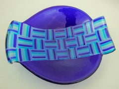 Post Modern Fused Art Glass Bowl Handcrafted in Aqua and Royal Blue 1980