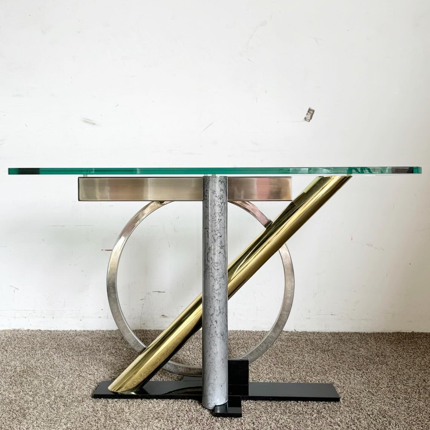 Discover the Post-Modern Geometric Glass Top Console Table by Kaizo Oto, a masterpiece of contemporary design. This table features a striking geometric base, embodying Post-Modern craftsmanship, paired with a sleek glass top for a sophisticated