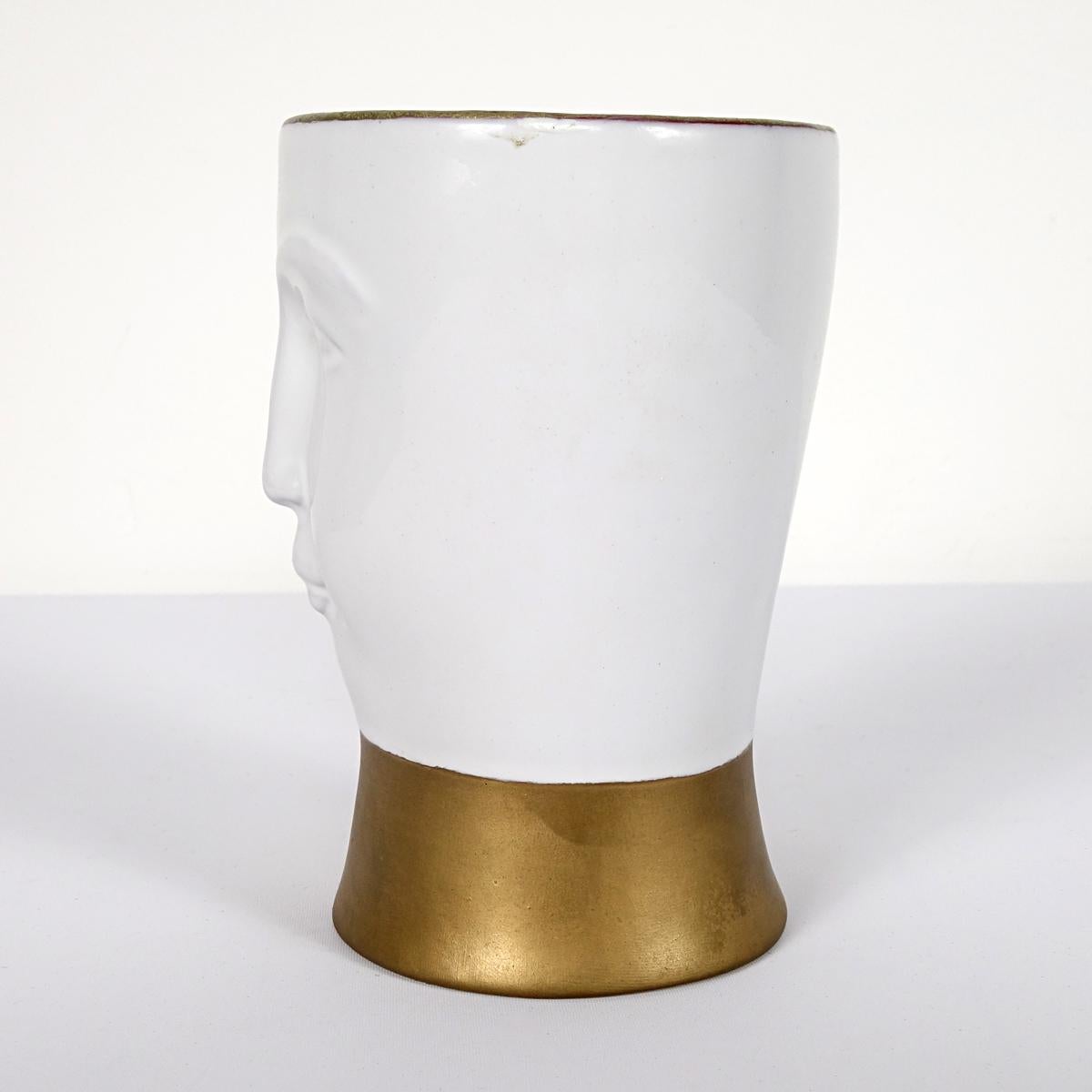 Italian Postmodern Gilded Ceramic Vase with a Face Designed by Fornasetti Milano For Sale