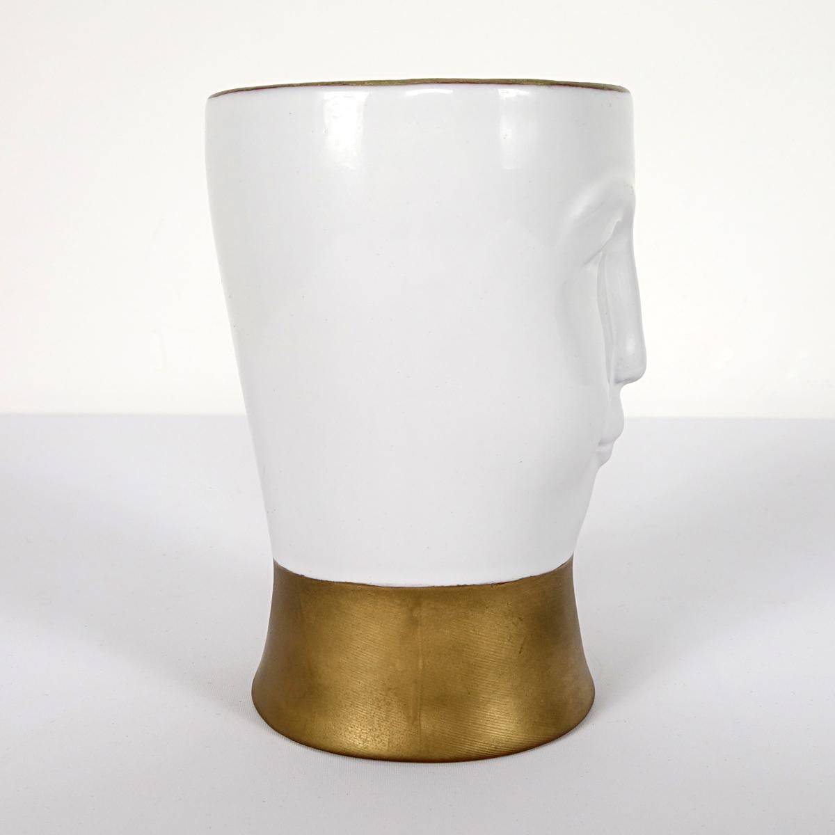 20th Century Postmodern Gilded Ceramic Vase with a Face Designed by Fornasetti Milano For Sale