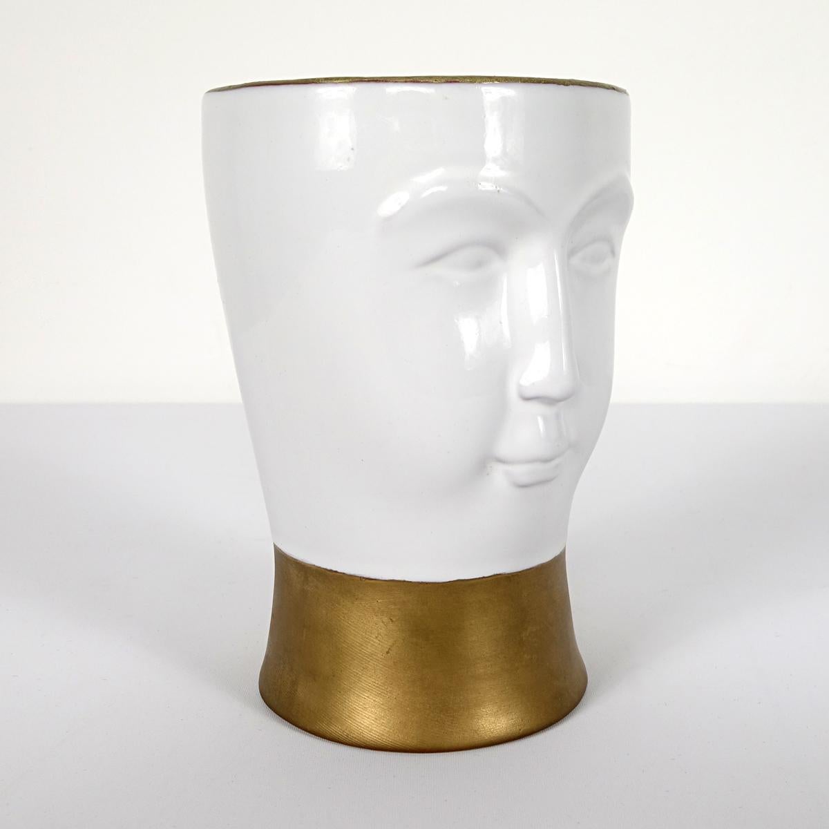 Postmodern Gilded Ceramic Vase with a Face Designed by Fornasetti Milano For Sale 1