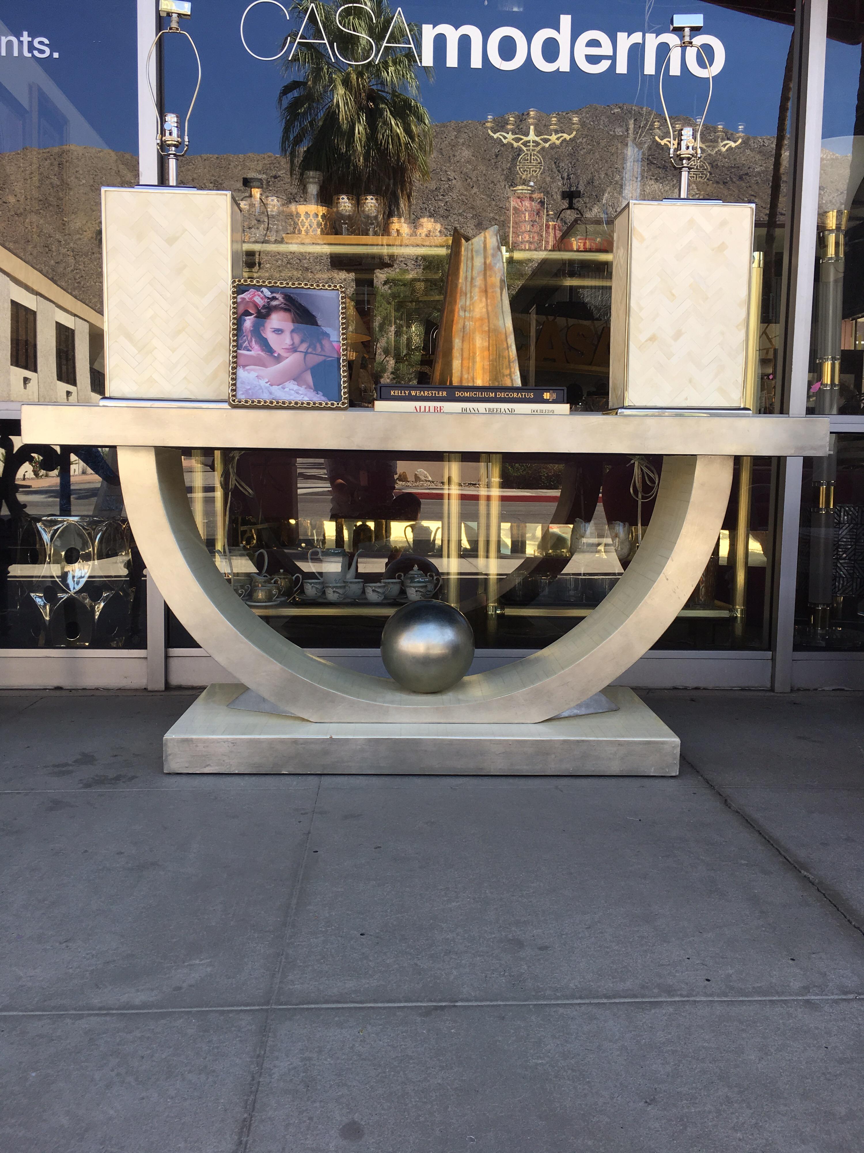 Postmodern Glamorous Silver Leaf Vintage Console Table In Good Condition In Palm Springs, CA
