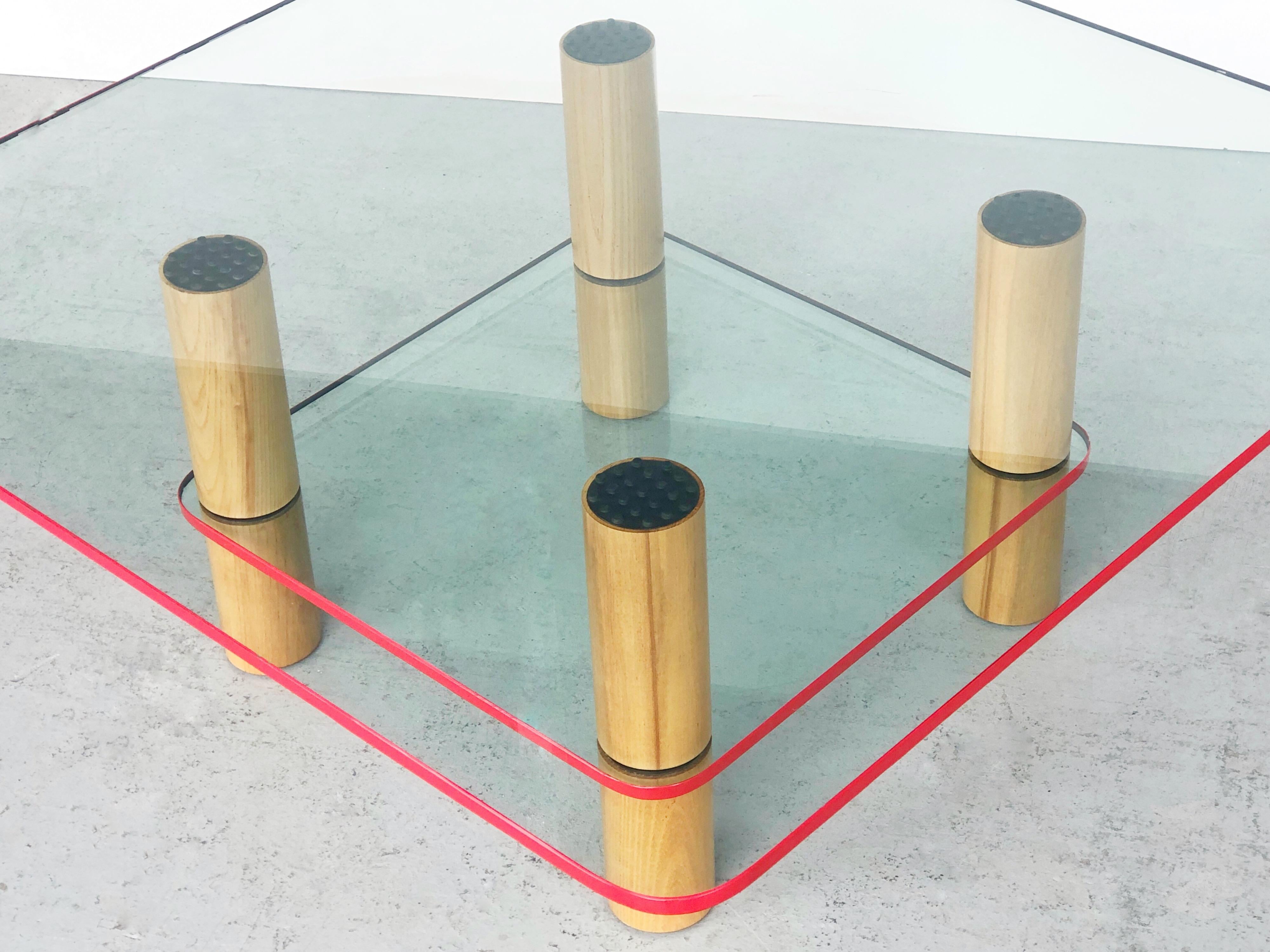 Late 20th Century Post Modern Glass and Wood Coffee Table with Red Edge, 1980