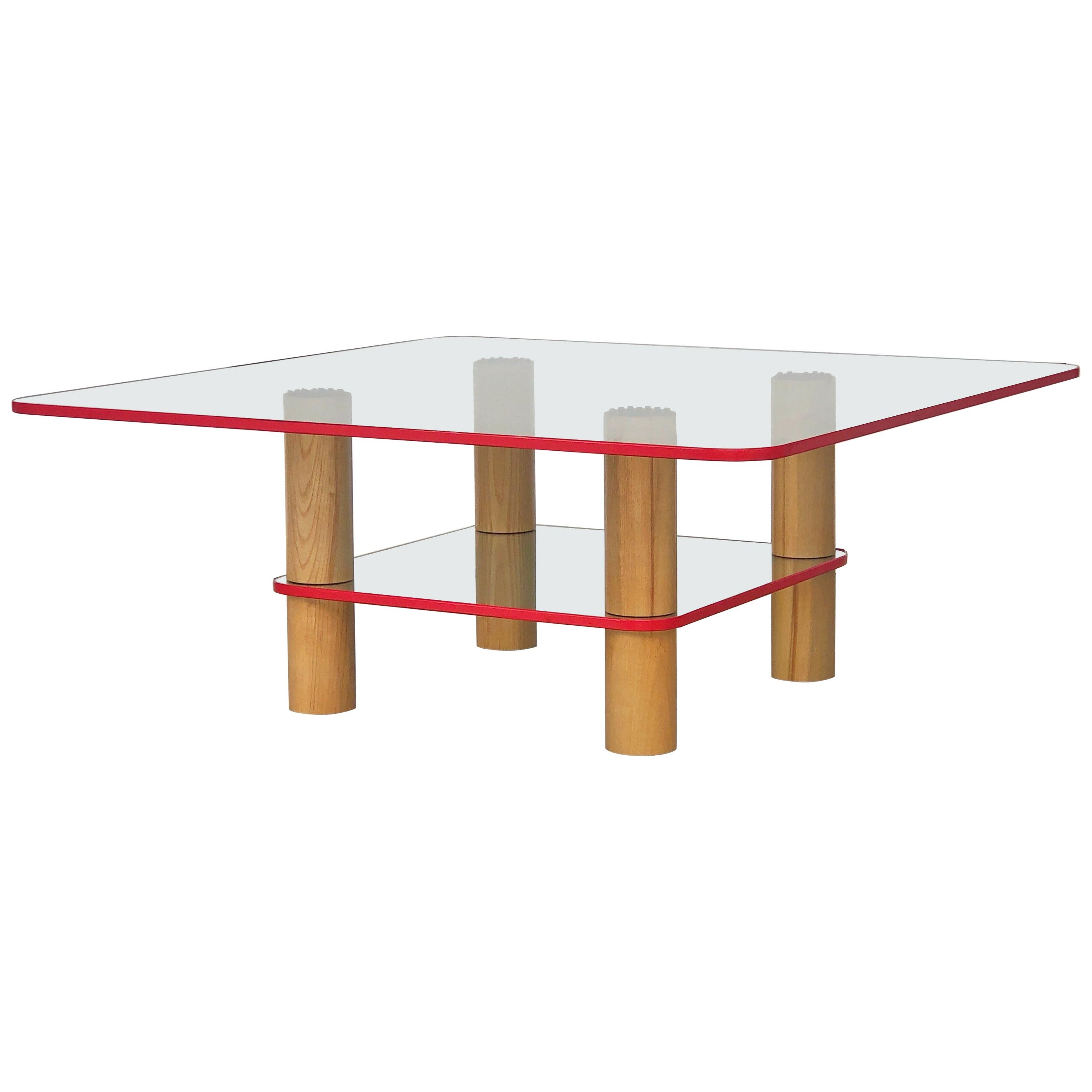 Post Modern Glass and Wood Coffee Table with Red Edge, 1980 For Sale