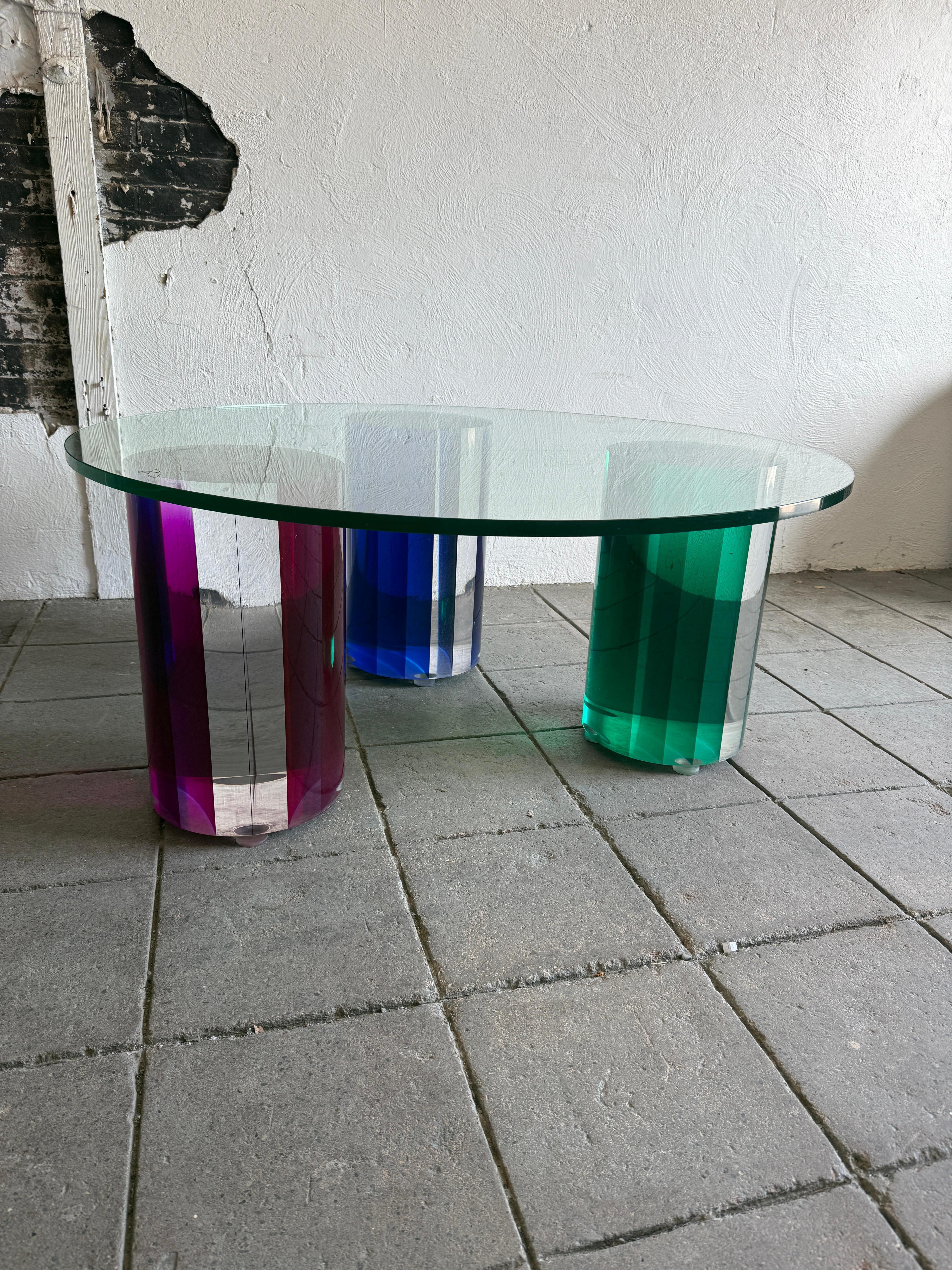 American Post modern glass Coffee Table with color plexiglass round bases For Sale