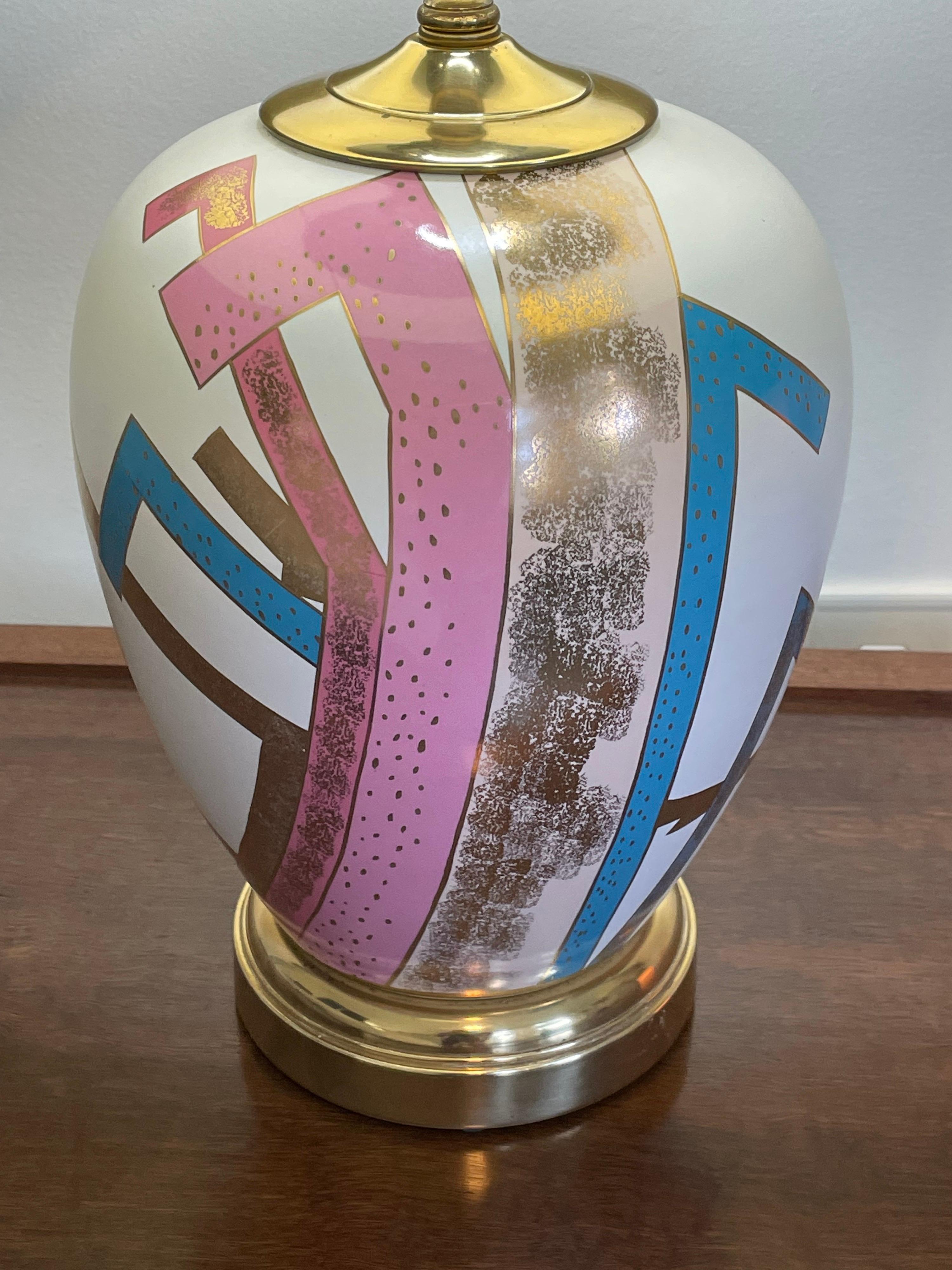 Beautiful post modern glazed ceramic table lamp, vibrant colorful geometric pattern. Japan 1980's

Shade not included.