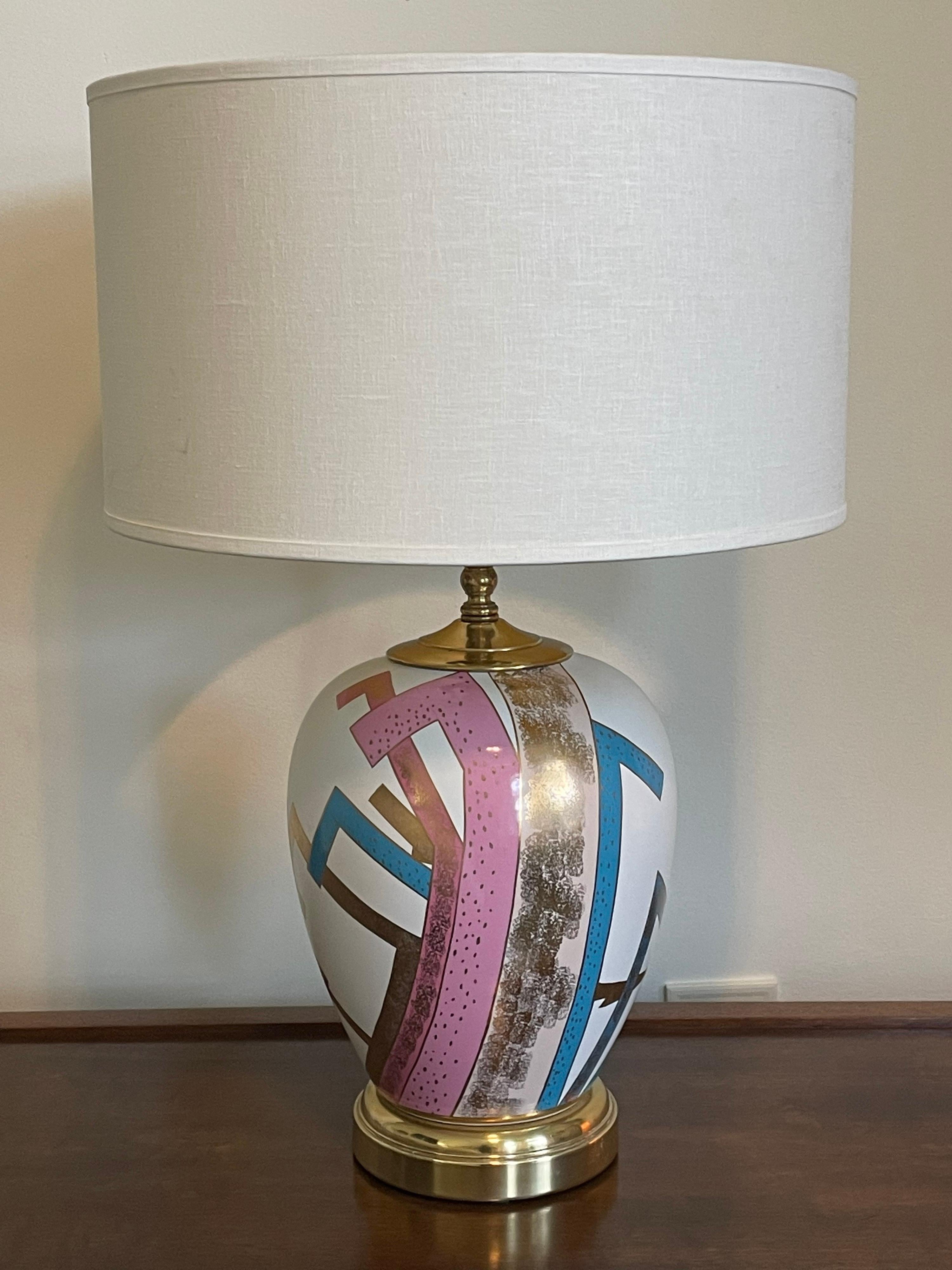 Japanese Post Modern Glazed Ceramic Table Lamp, Colorful Geometric Pattern, Japan 1980's For Sale