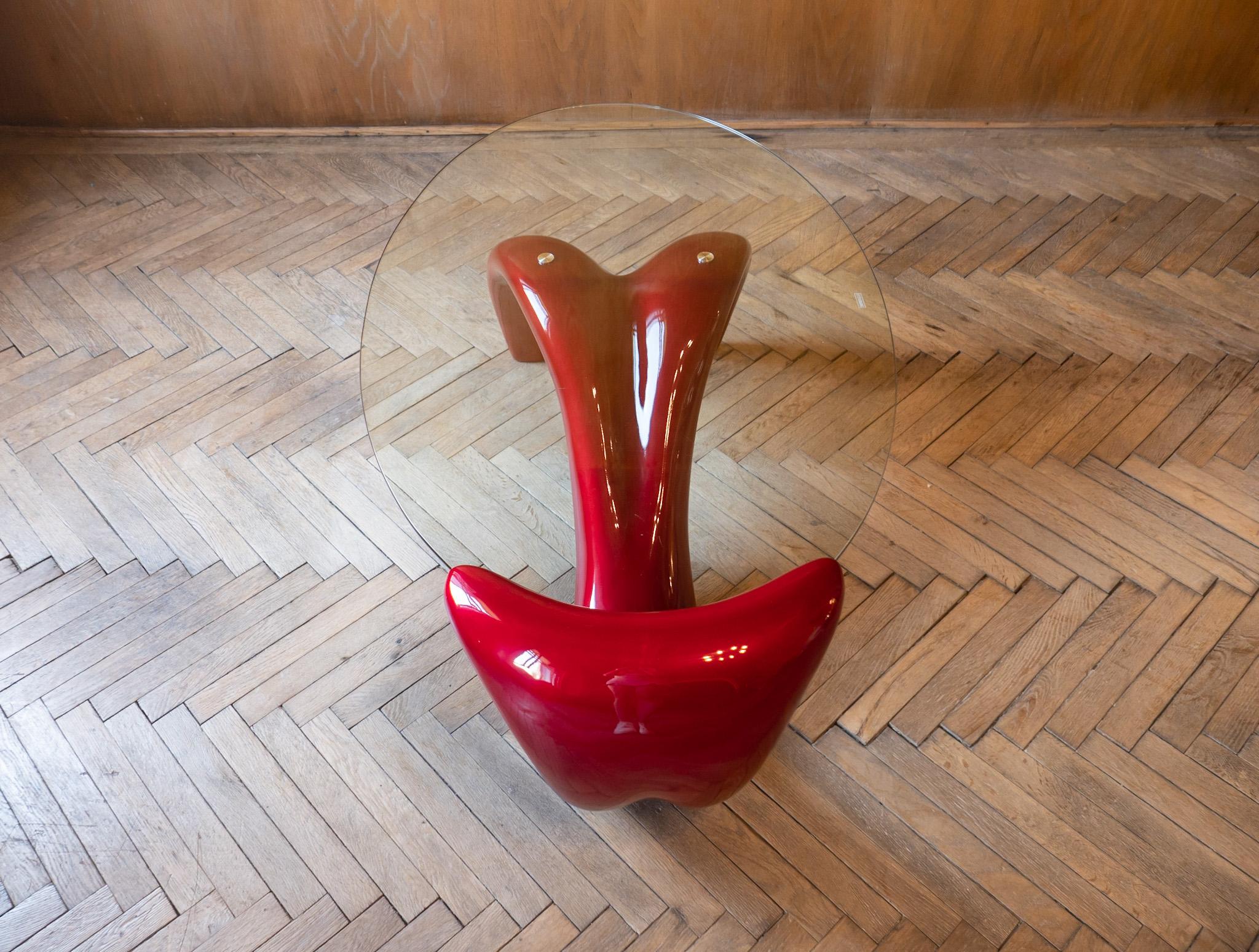 Lacquered Post Modern Glossy Laquered Red Coffee Table with Glass Table Top, Italy 1980s For Sale