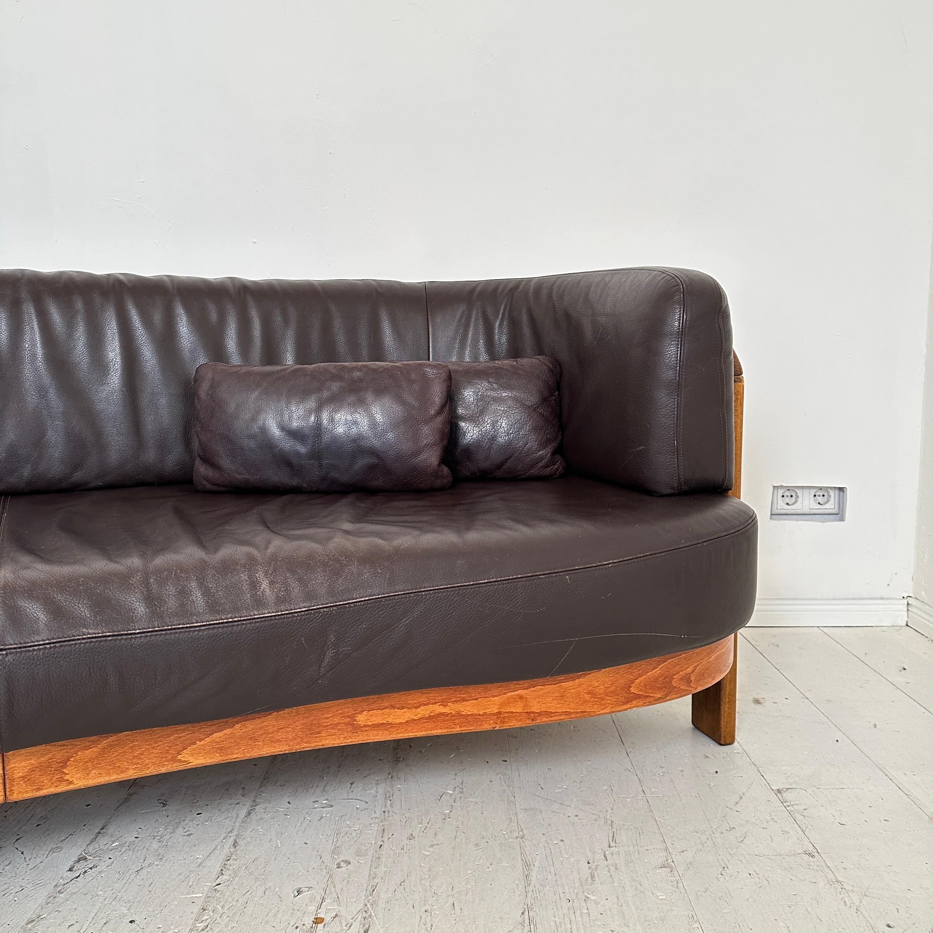 Post-Modern Halfround Brown and Beech Leather Sofa by Hans Ell, around 1980 5