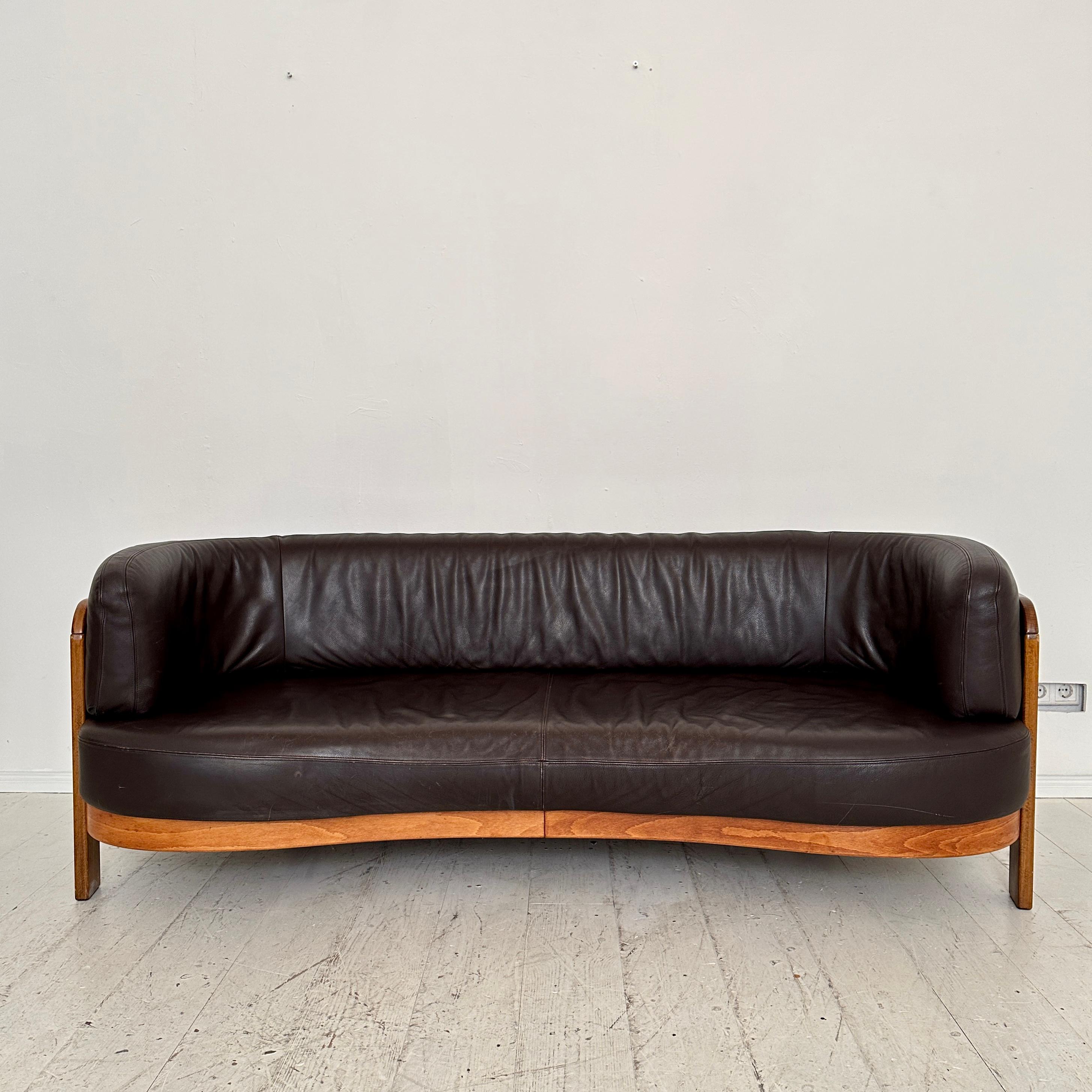 German Post-Modern Halfround Brown and Beech Leather Sofa by Hans Ell, around 1980