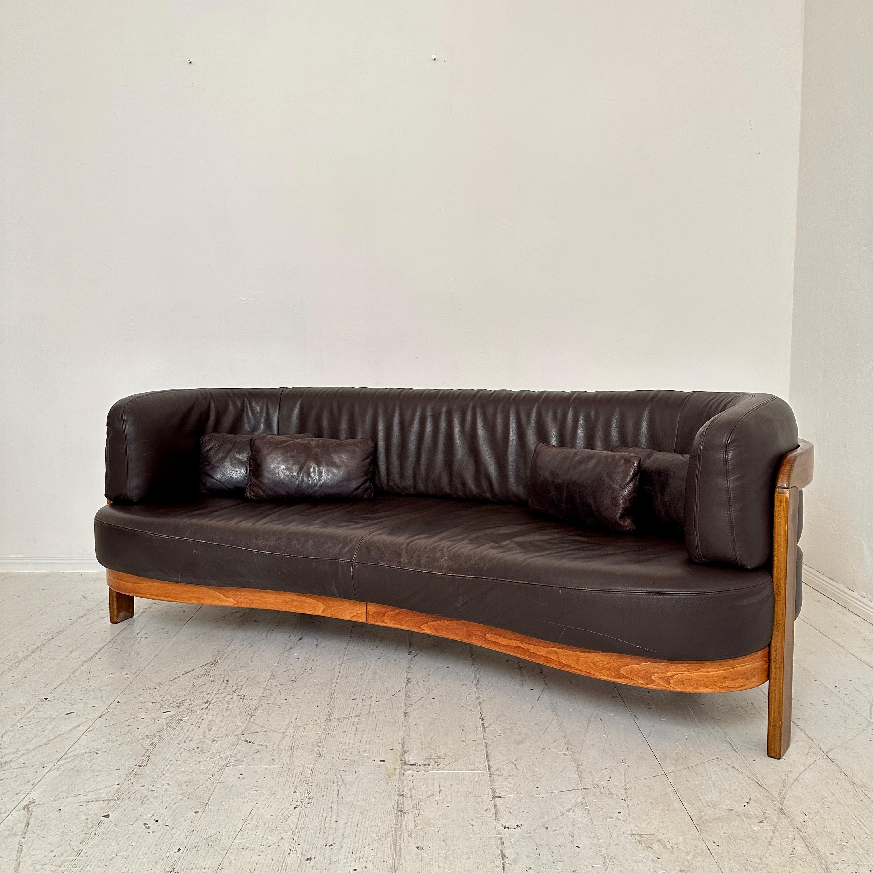 Post-Modern Halfround Brown and Beech Leather Sofa by Hans Ell, around 1980 2