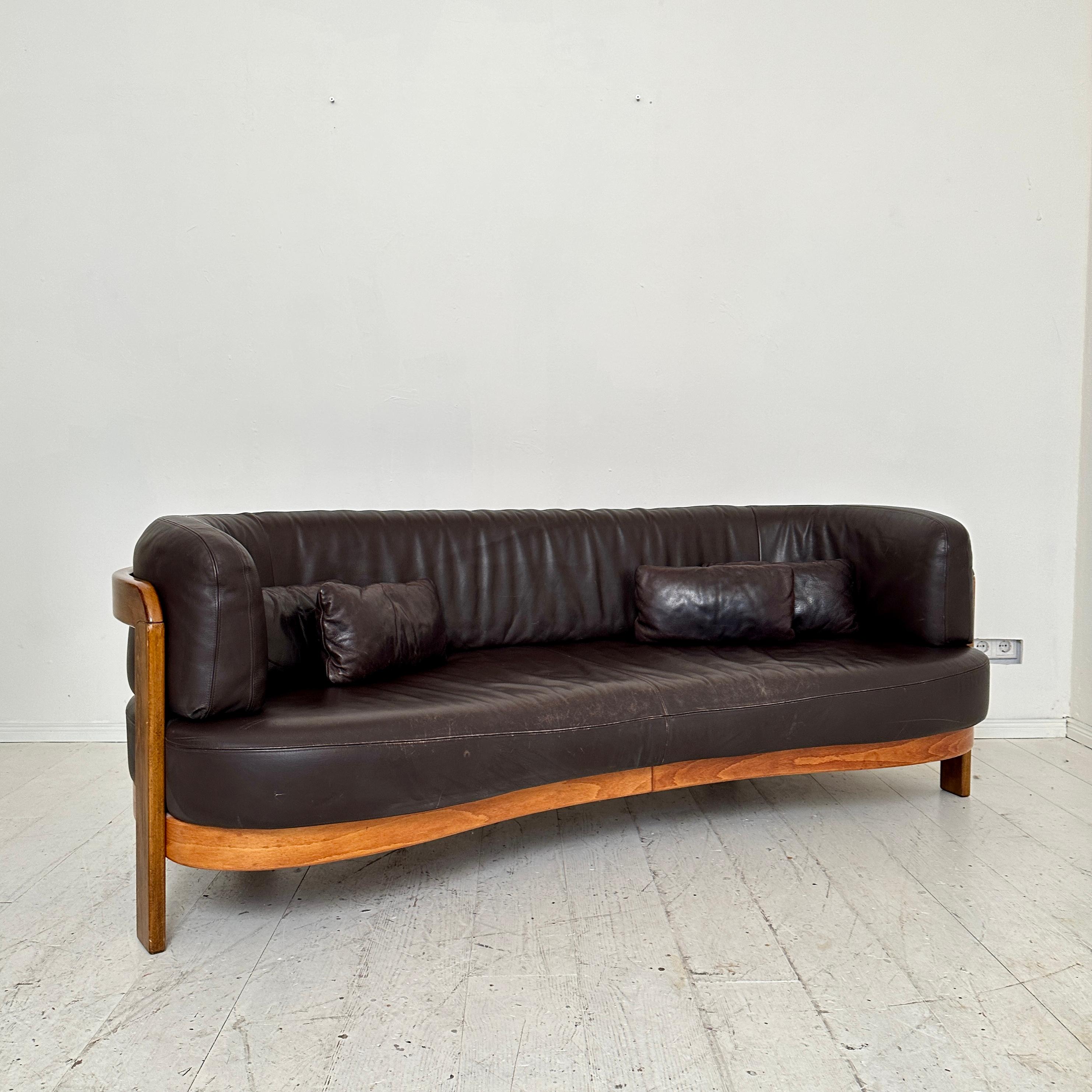 Post-Modern Halfround Brown and Beech Leather Sofa by Hans Ell, around 1980 3