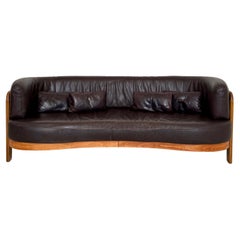 Postmodernes halbrundes Ledersofa in Brown und Buche von Hans Ell, um 1980