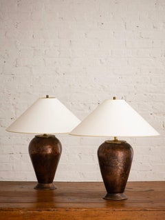 Post Modern Hammered Copper and Lamps, Pair