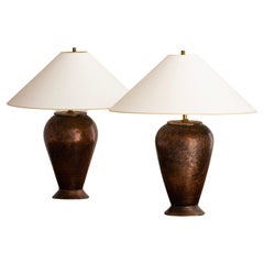 Post Modern Hammered Copper and Lamps, Pair
