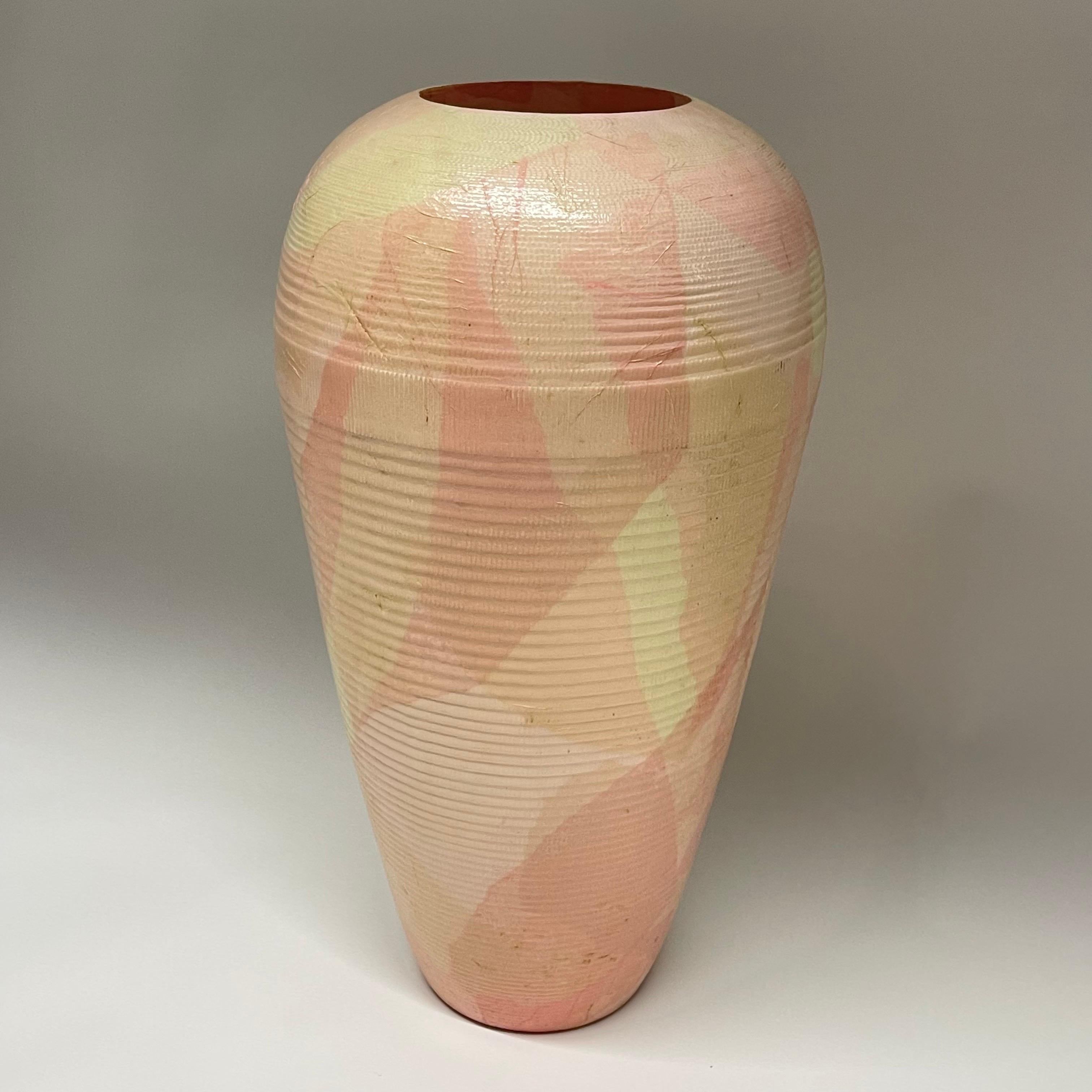 Post-Modern decorative sculpture vase, rendered in hand painted and lacquered corrugated cardboard, signed by artist, produced by Flute, Chicago, 1989.