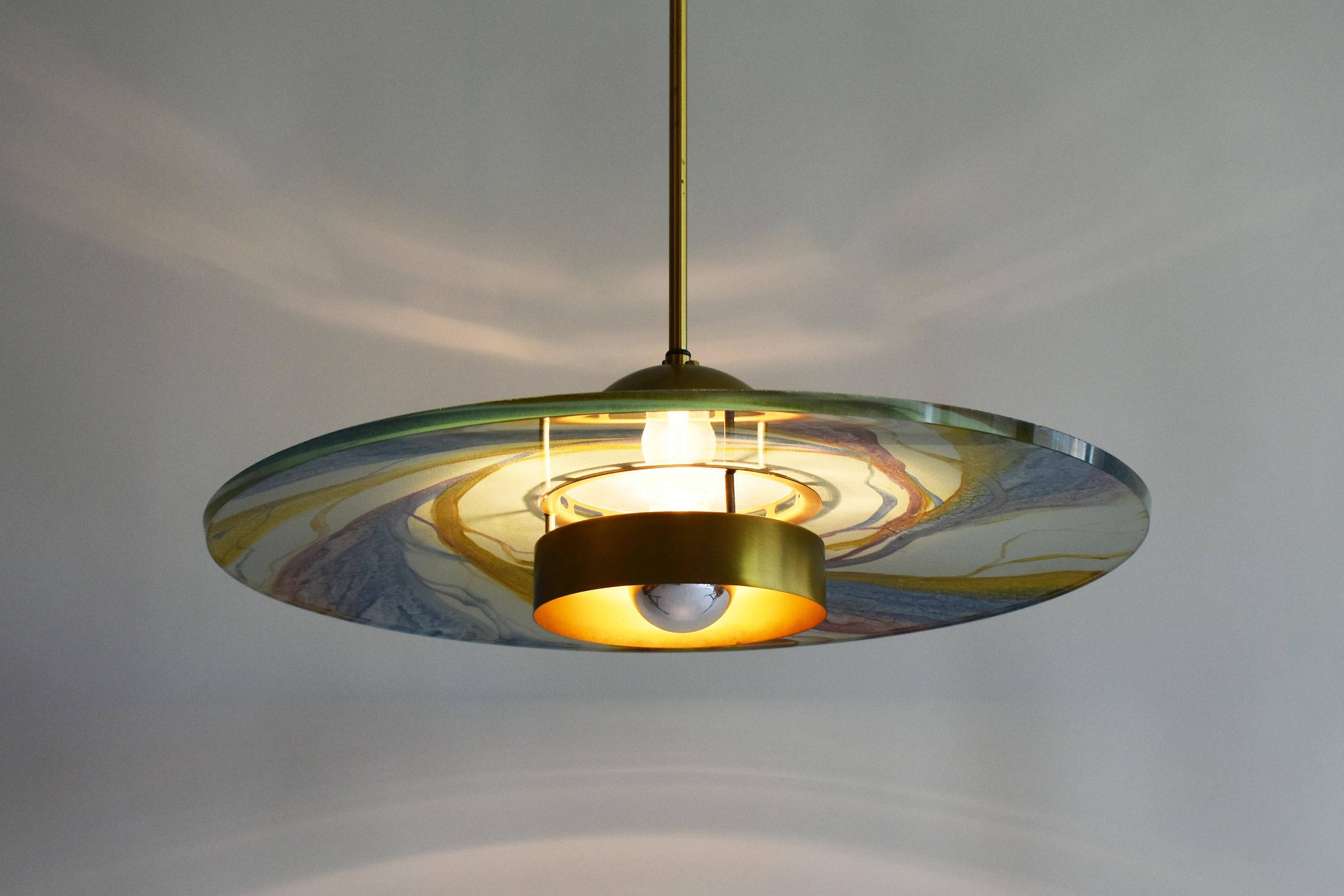 Hand painted glass lamp by Sische Leuchte.
The glass shade sits on a brass bell, reflecting the light upward.
Very nice light, with colour and patterns variations.
Can be used with 110V or 220V, with standard bulb Edison E24