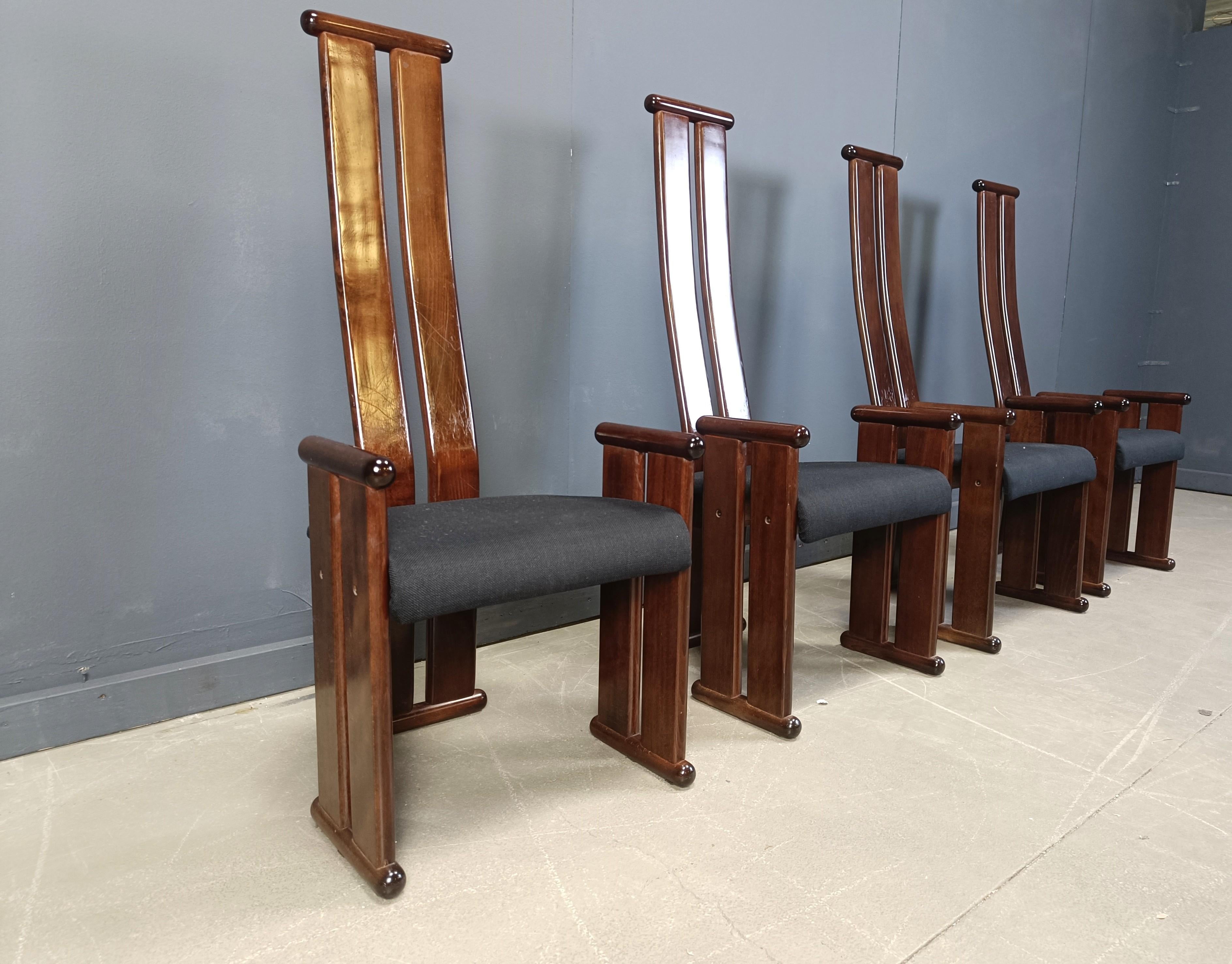 Fabric Post modern high back dining chairs, set of 4, 1970s For Sale