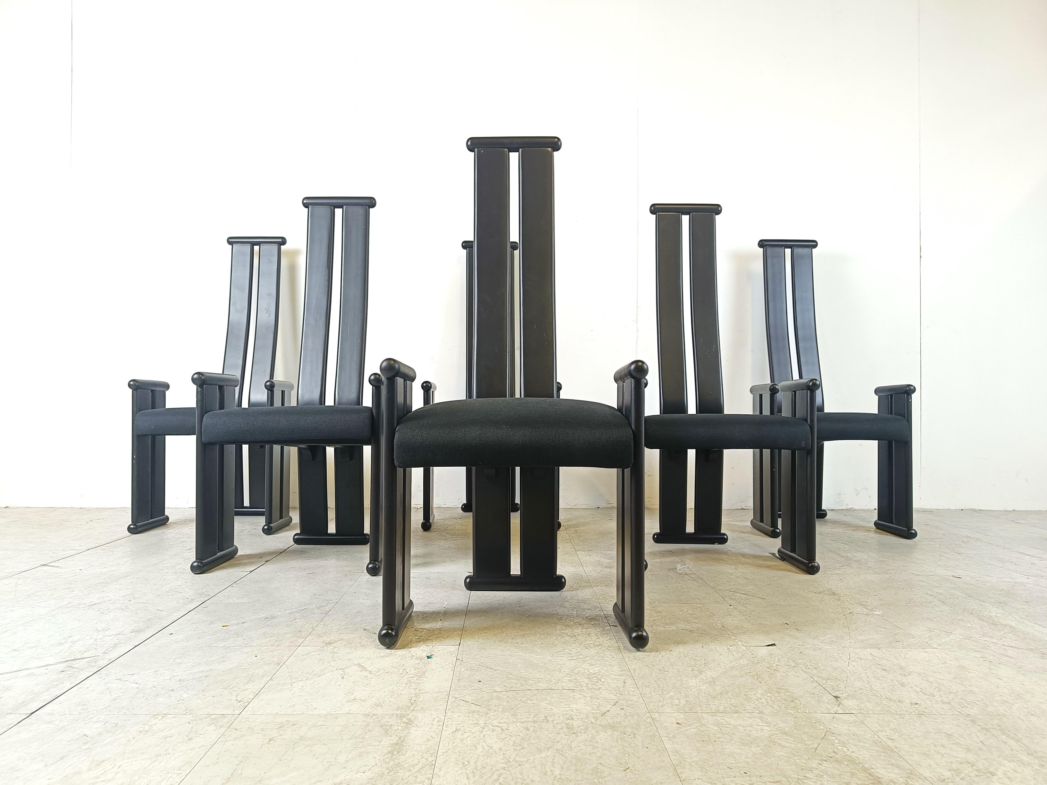 Ebonized Post modern high back dining chairs, set of 6, 1970s For Sale