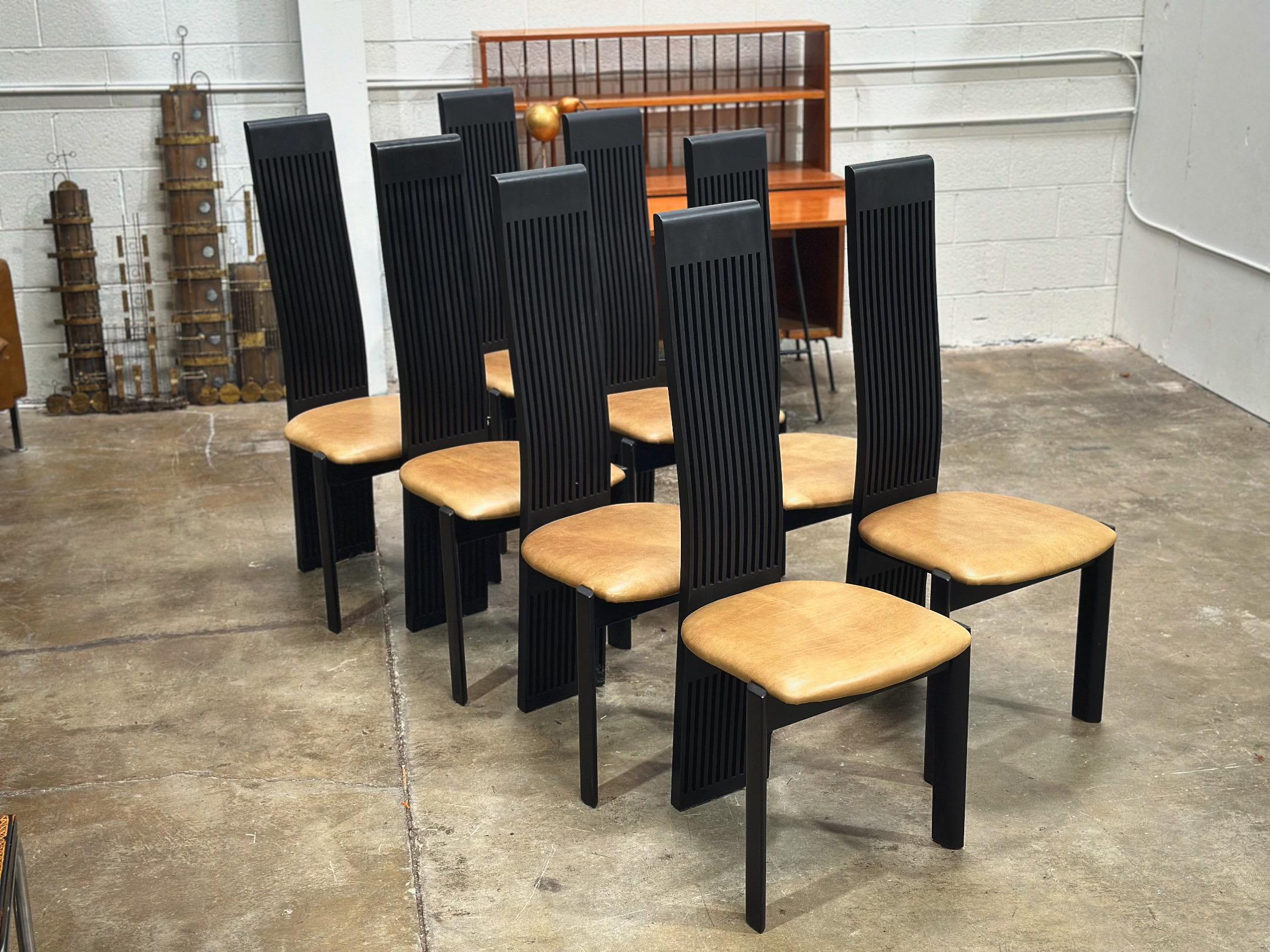 Post Modern High Back Leather Dining Chairs - Pietro Consantini - Set of 8 For Sale 1