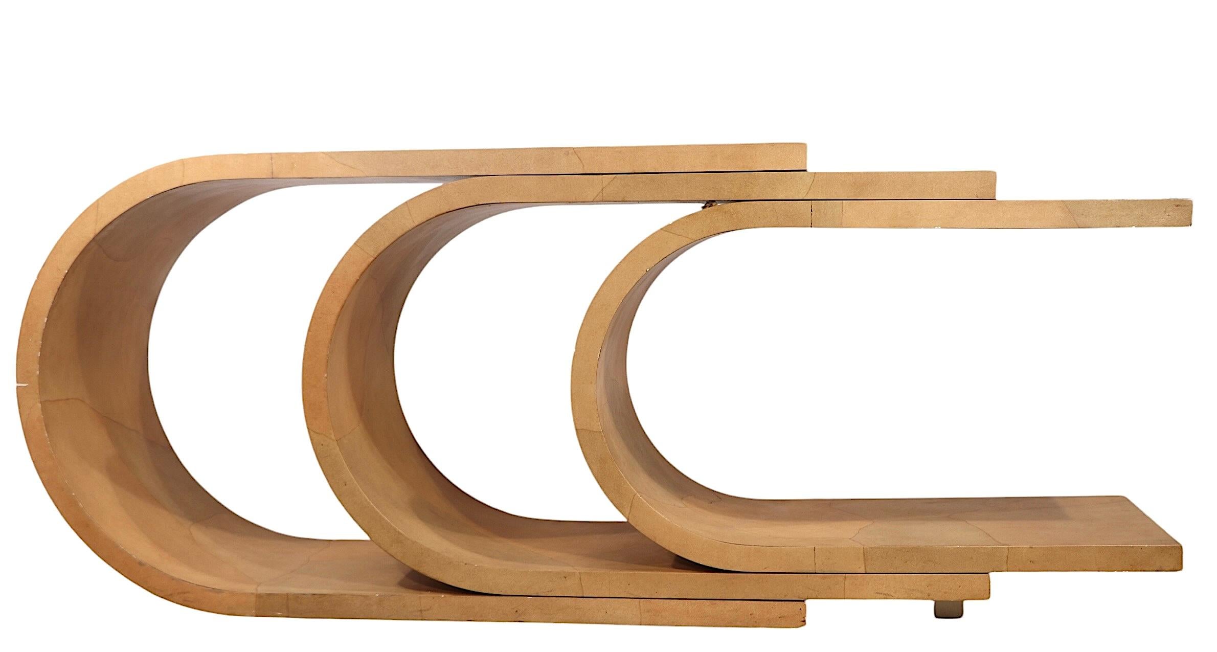 Laminate Post Modern Hollywood Regency C Shaped Three Tier Console Table c. 1970/80's For Sale