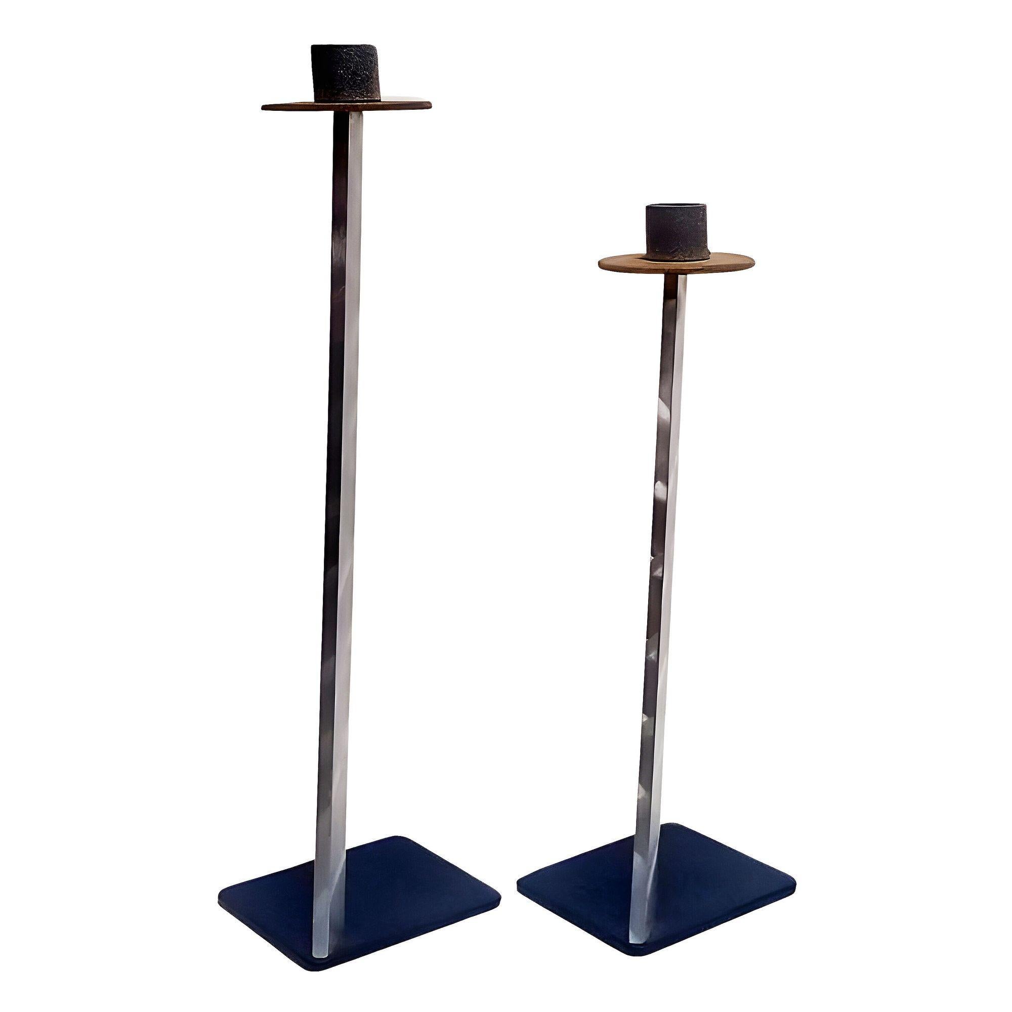 Post-Modern Post Modern Steel & Bronze Candlestick Large Holders by Bruce R. MacDonald, Pair For Sale