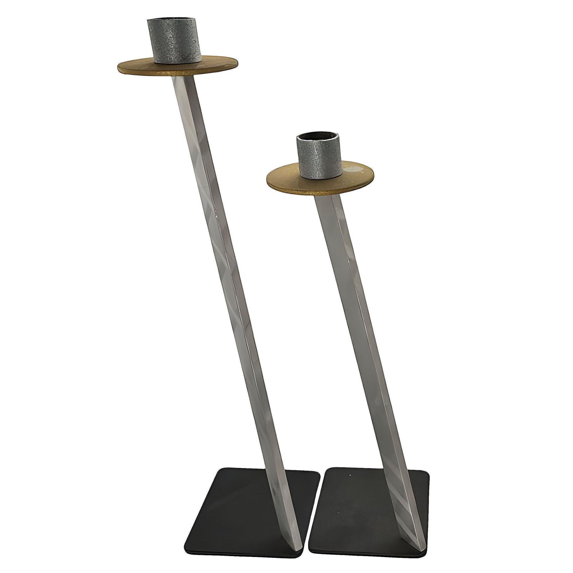 American Post Modern Steel & Bronze Candlestick Large Holders by Bruce R. MacDonald, Pair For Sale