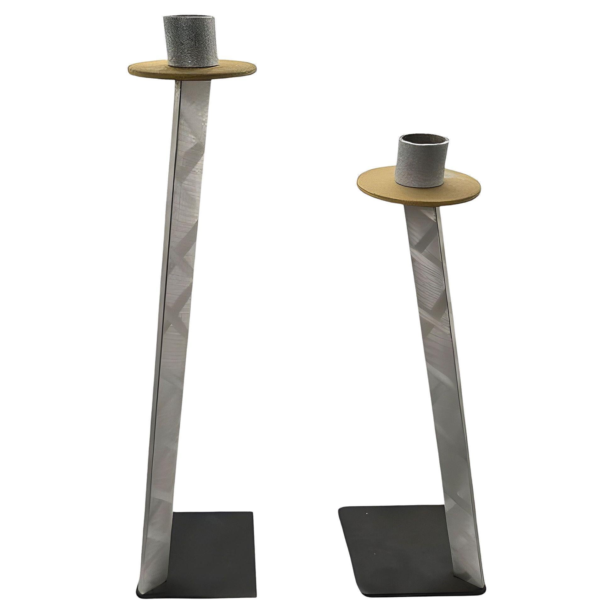 Post Modern Steel & Bronze Candlestick Large Holders by Bruce R. MacDonald, Pair For Sale
