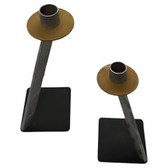 Post Modern Steel & Bronze Candlestick Small Holders by Bruce R. MacDonald, Pair