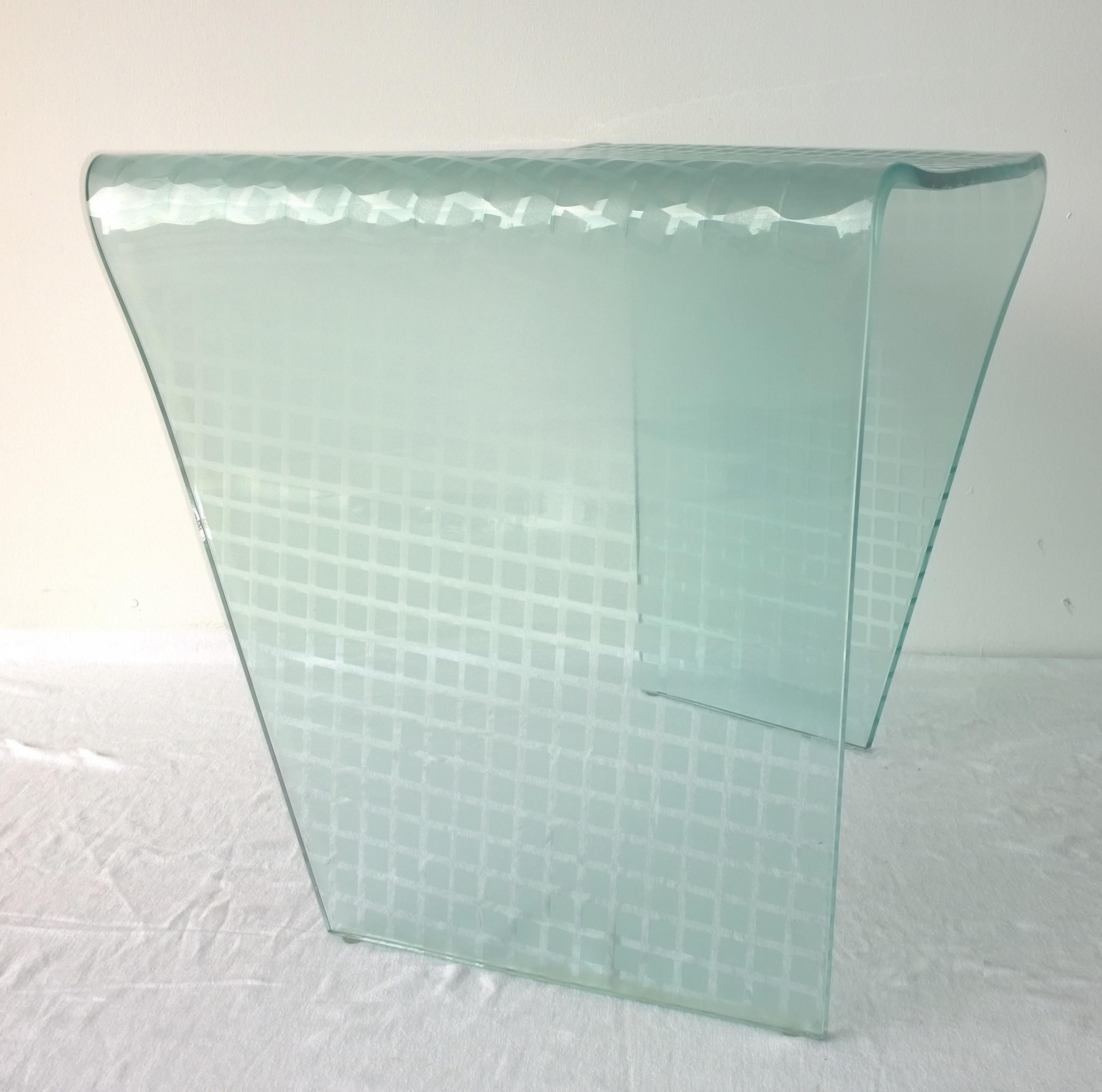 Italian Angelo Cortesi for Fiam Green Tint Etched White Glass Side or Occasional Table For Sale