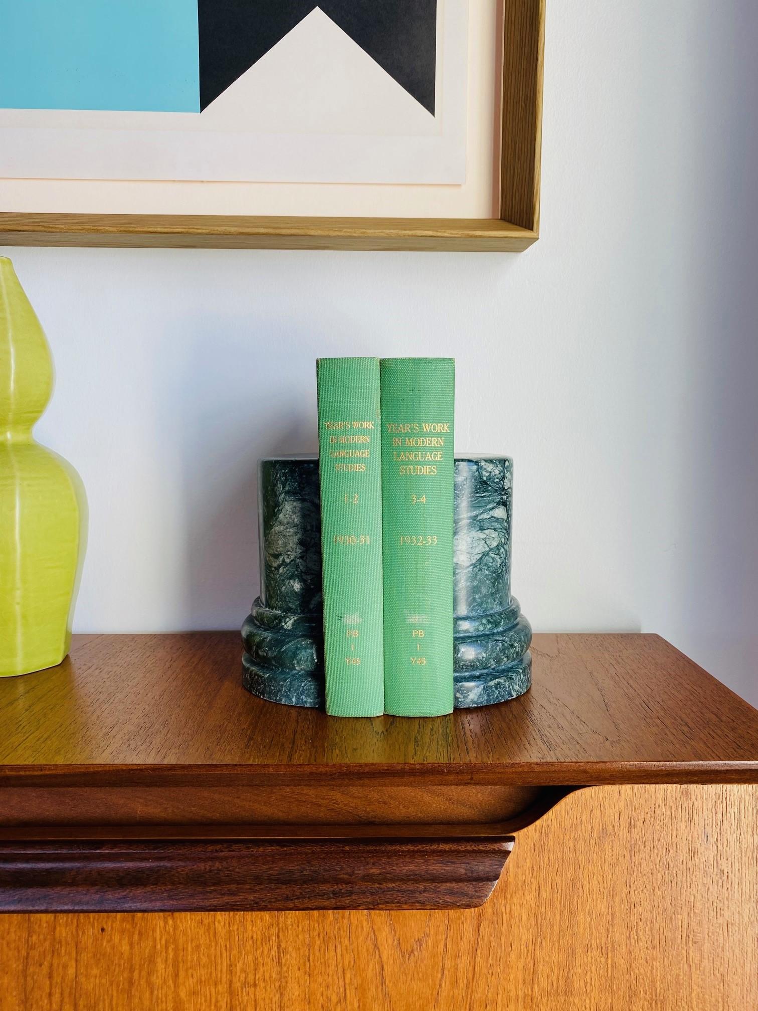 Late 20th Century Post Modern Italian Column Green Marble Bookends For Sale